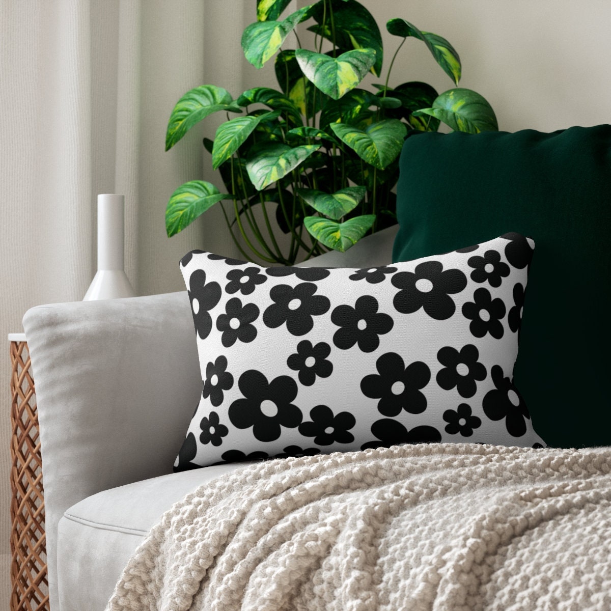 Black Mod Daisies Pillow
