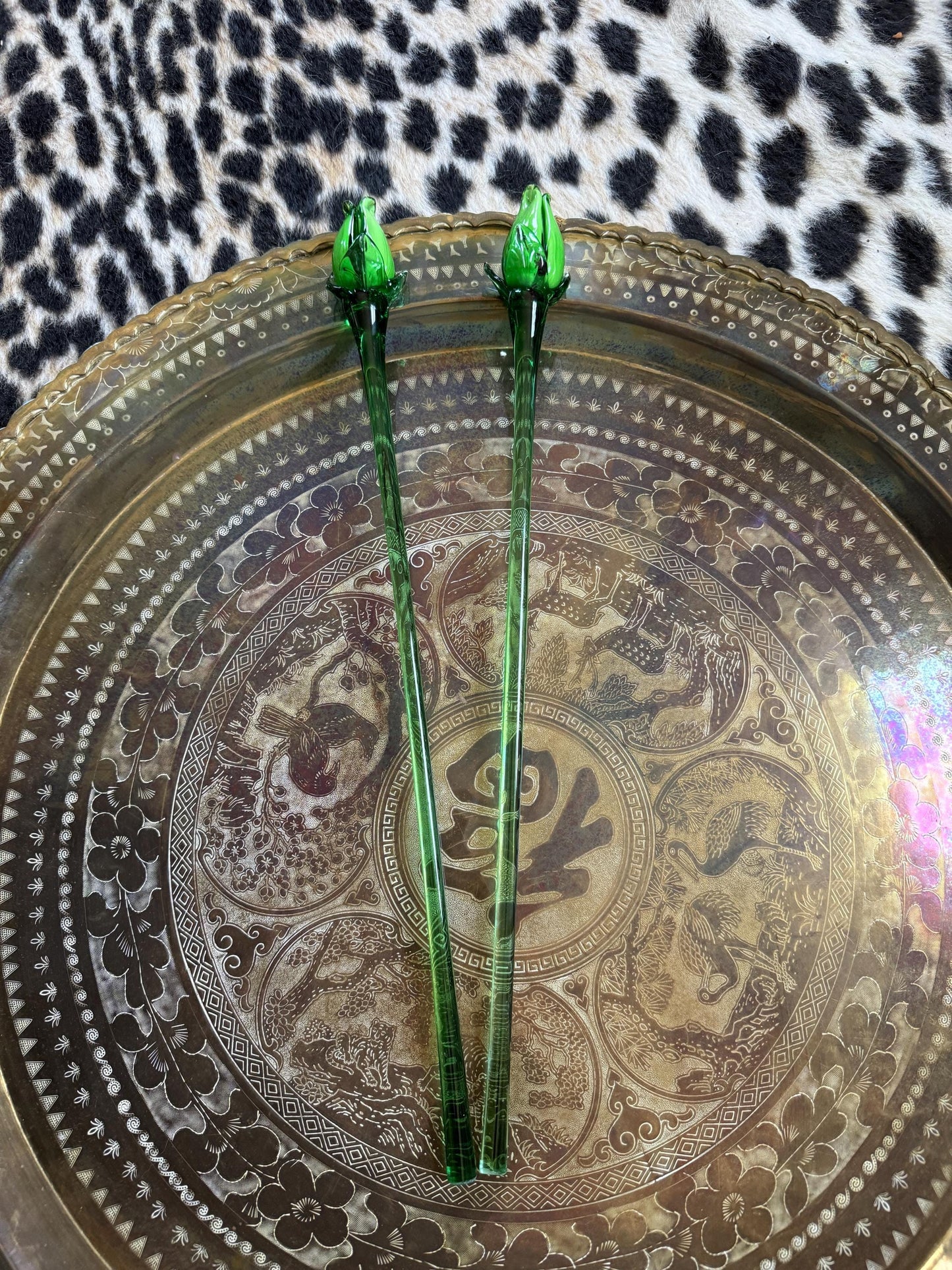 Vintage Murano Style Hand Blown Art Glass Flowers Green Tulips, 19.5" Extra Long Stems Green Tulips, Set of 2
