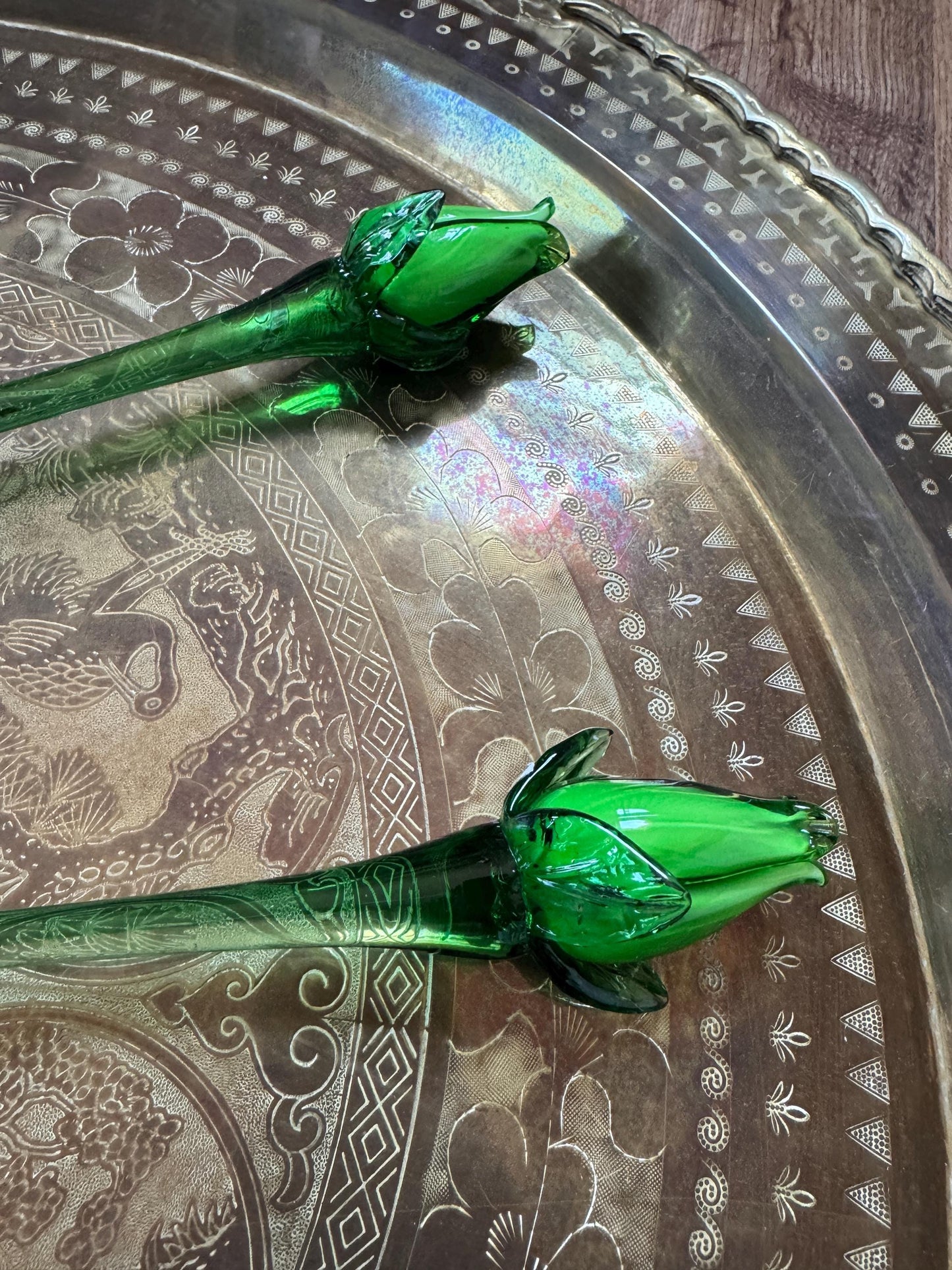 Vintage Murano Style Hand Blown Art Glass Flowers Green Tulips, 19.5" Extra Long Stems Green Tulips, Set of 2