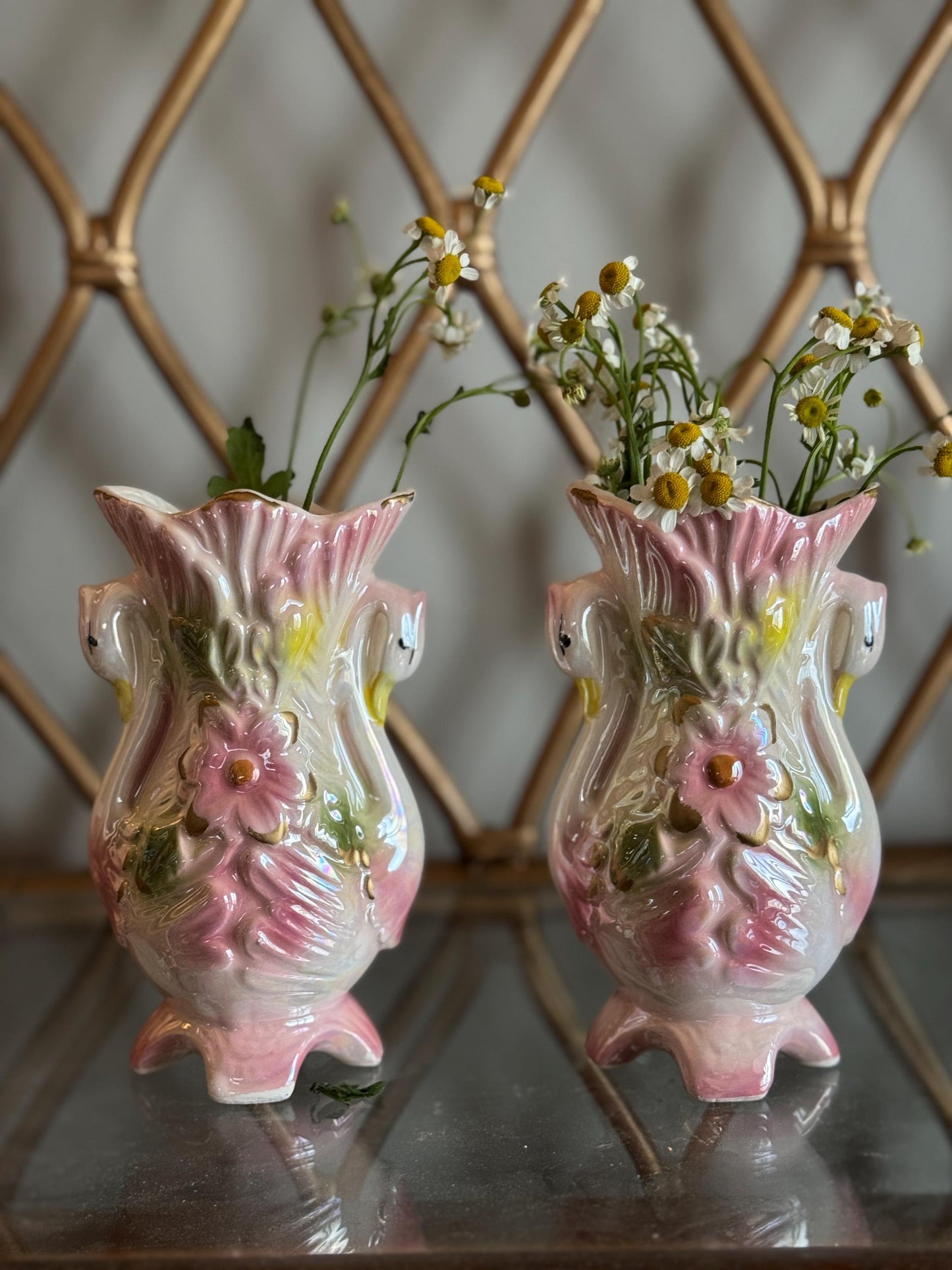 Vintage Lusterware Pink Swan Vases Bowl Set Figurine, Flower Vase, Potpourri Dish, Art Nouveau Cottage Core Porcelain Swan Figurines