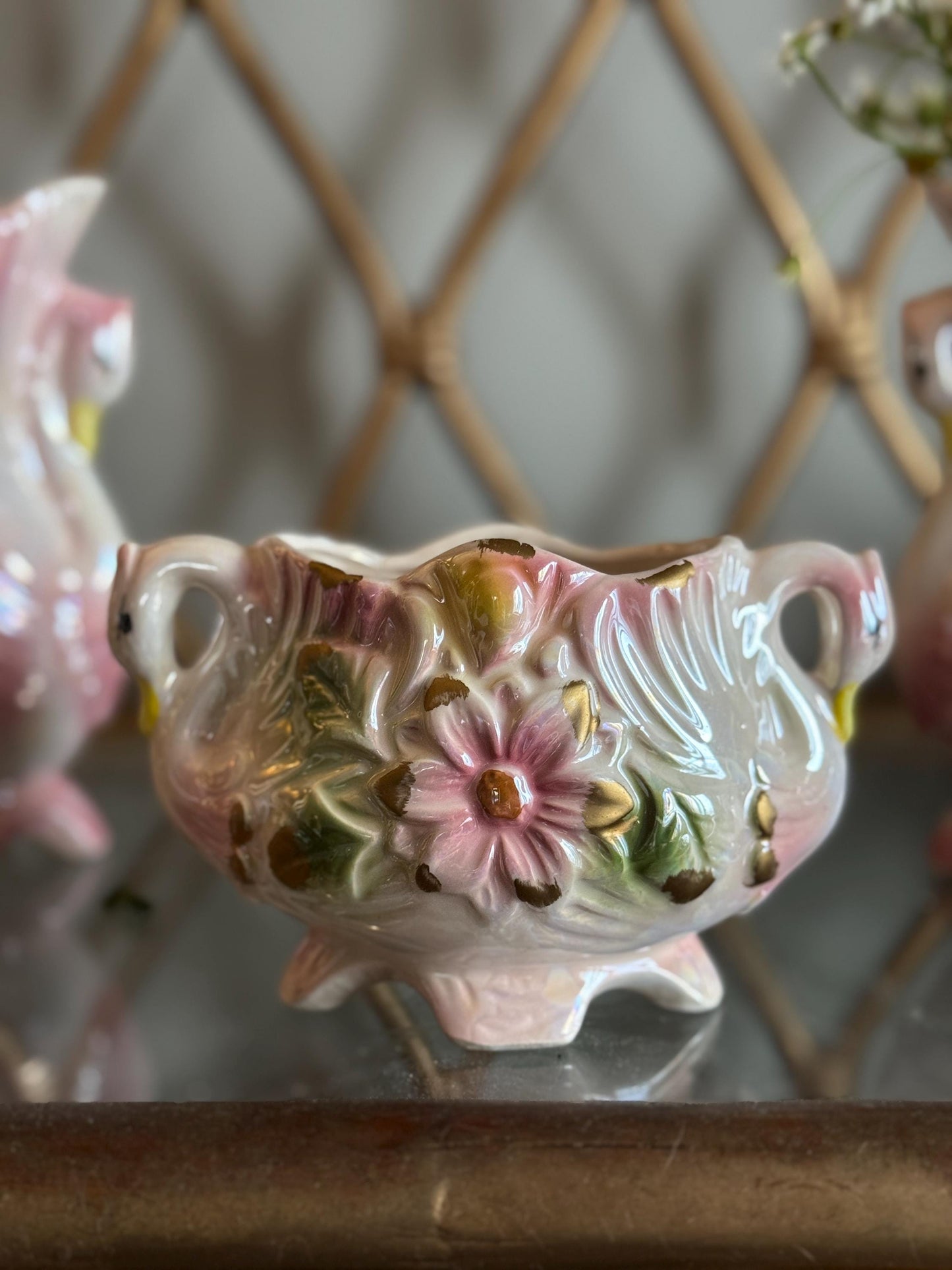 Vintage Lusterware Pink Swan Vases Bowl Set Figurine, Flower Vase, Potpourri Dish, Art Nouveau Cottage Core Porcelain Swan Figurines