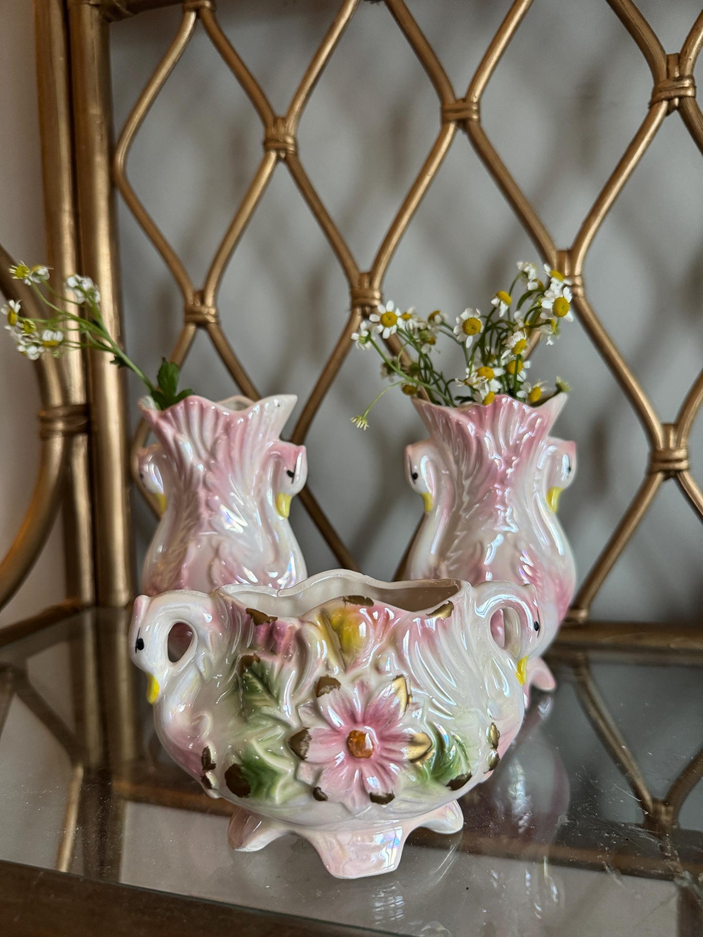 Vintage Lusterware Pink Swan Vases Bowl Set Figurine, Flower Vase, Potpourri Dish, Art Nouveau Cottage Core Porcelain Swan Figurines