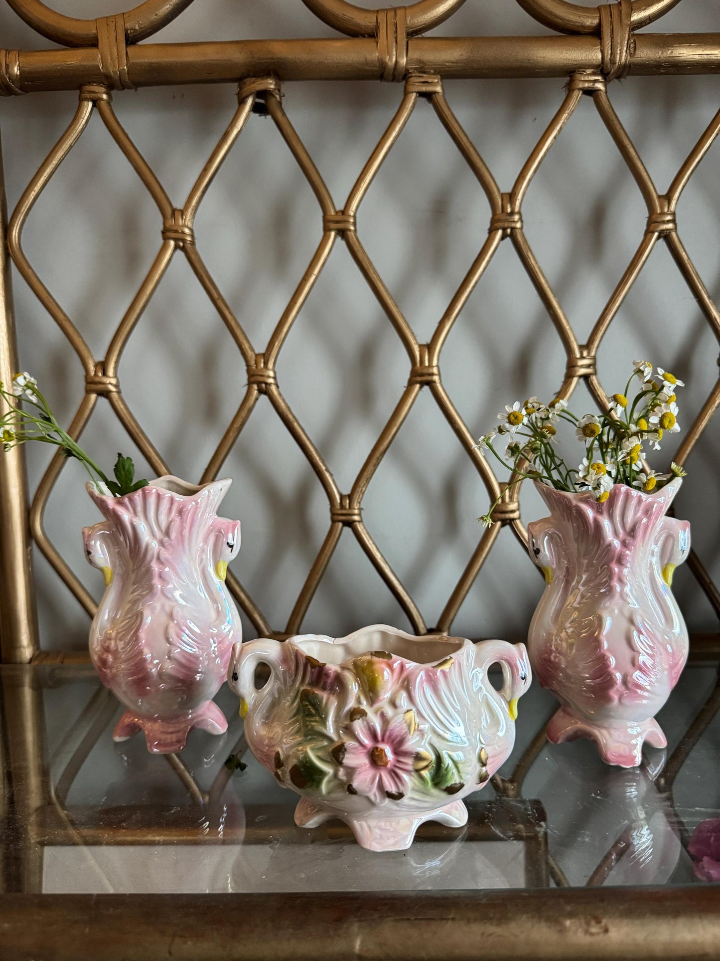 Vintage Lusterware Pink Swan Vases Bowl Set Figurine, Flower Vase, Potpourri Dish, Art Nouveau Cottage Core Porcelain Swan Figurines