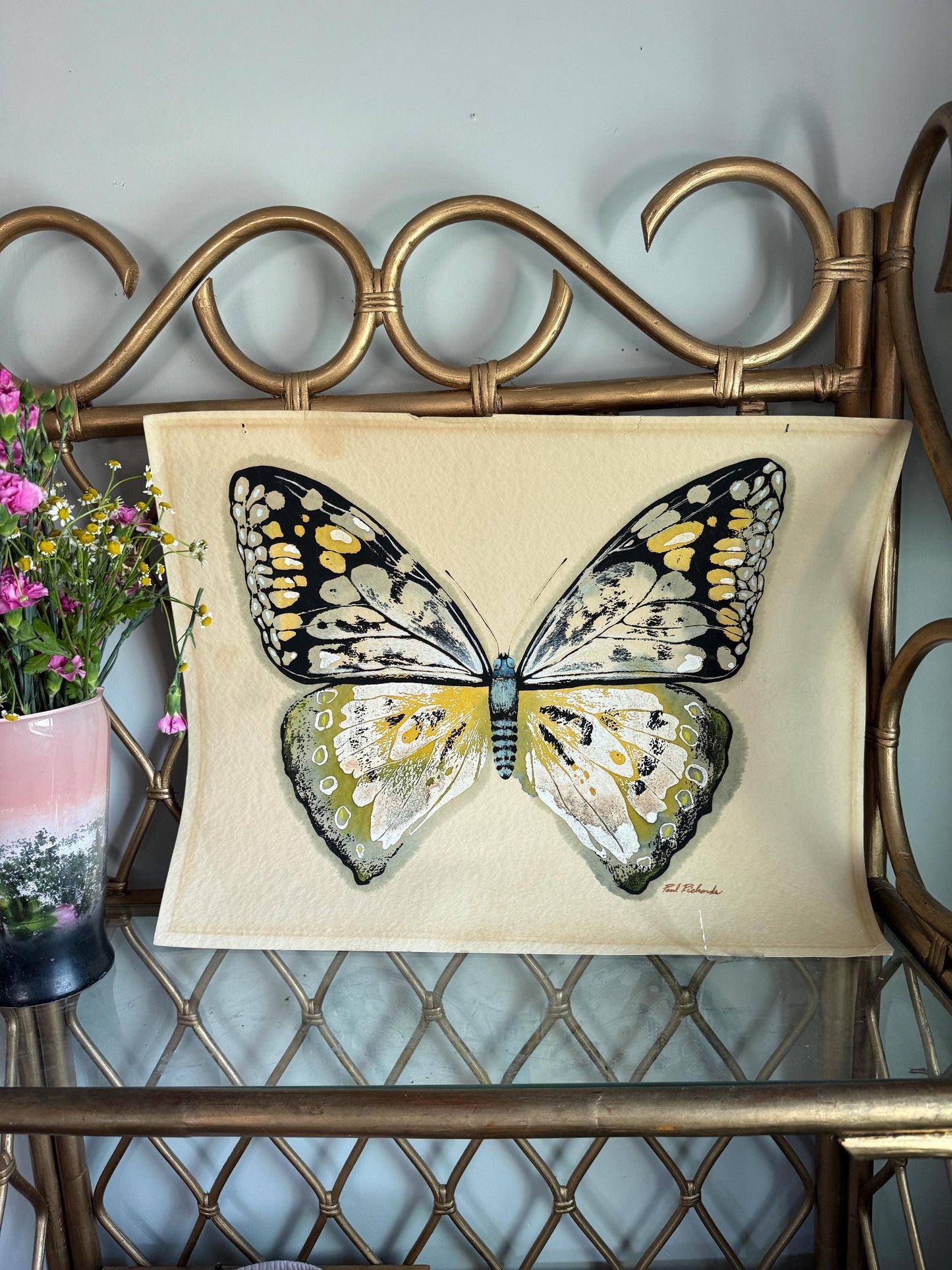 Vintage Large Butterfly Realism Paul Richards MCM Watercolor Signed Original Wall Art Postmodern Boho Butterfly RARE Find Frame Not Included