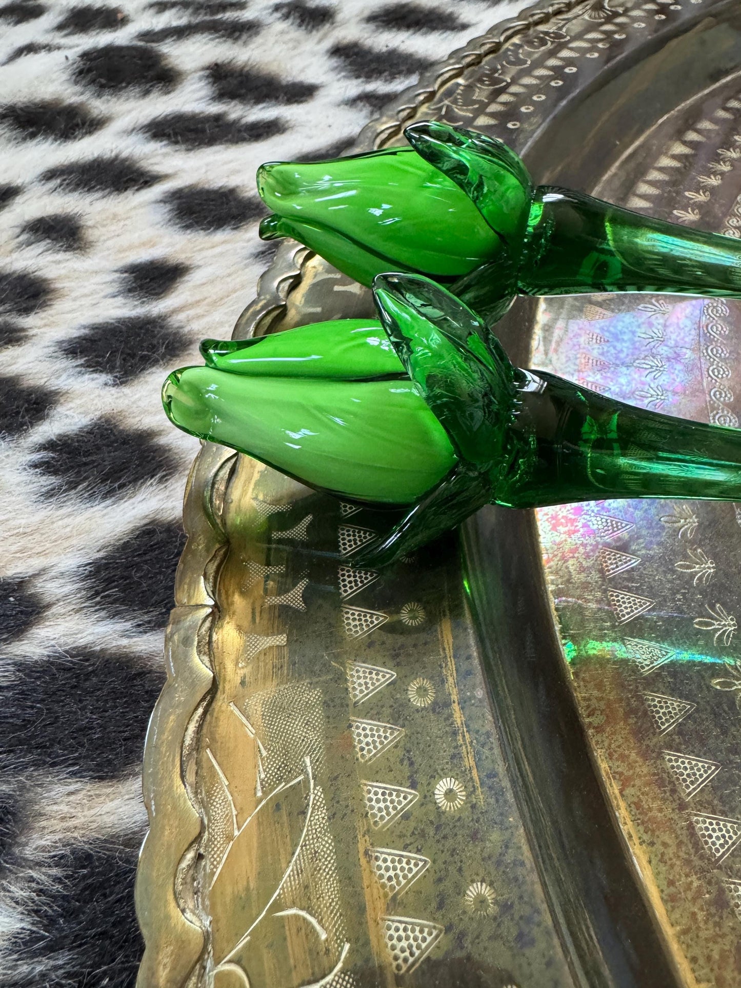 Vintage Murano Style Hand Blown Art Glass Flowers Green Tulips, 19.5" Extra Long Stems Green Tulips, Set of 2