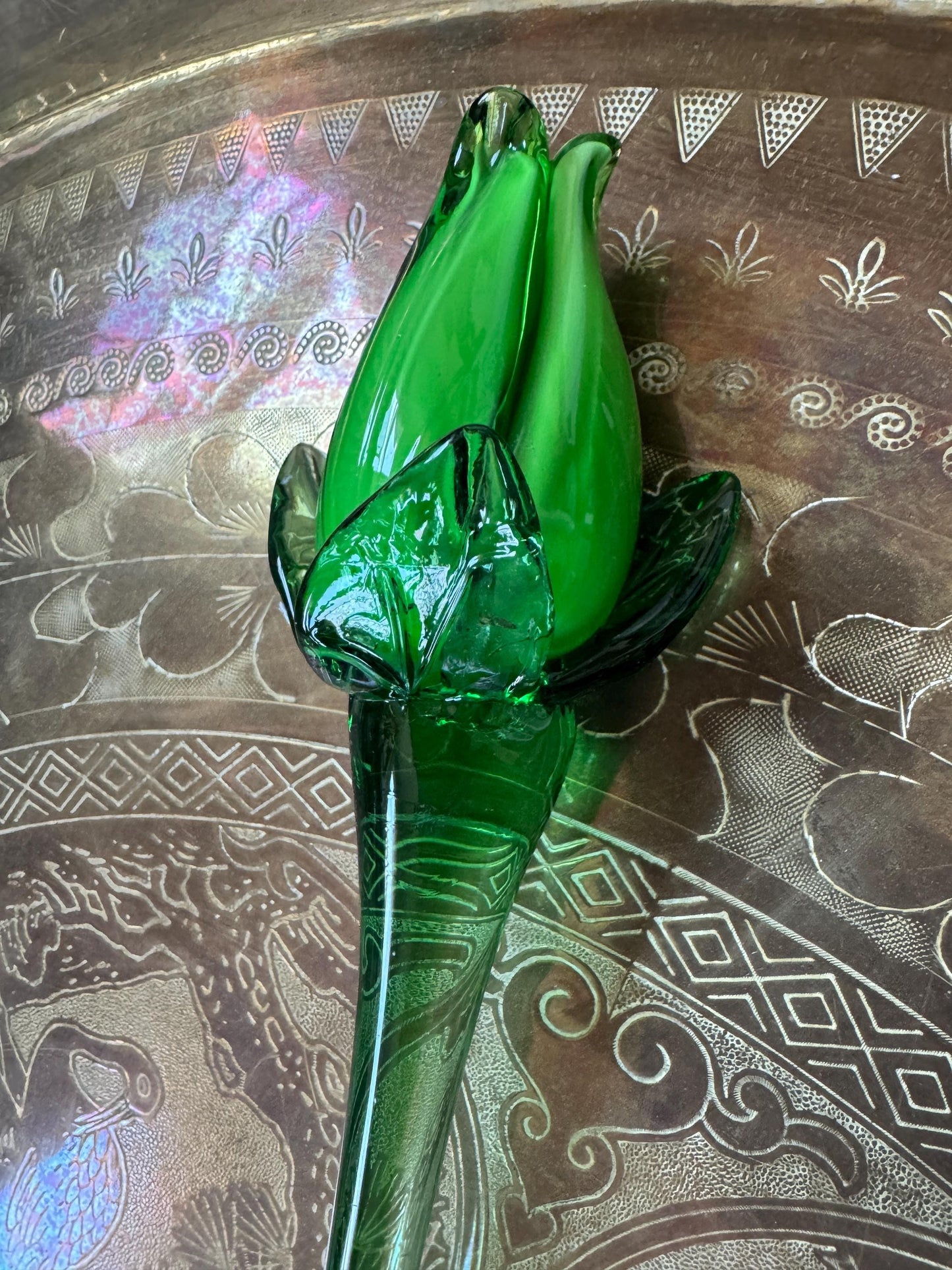 Vintage Murano Style Hand Blown Art Glass Flowers Green Tulips, 19.5" Extra Long Stems Green Tulips, Set of 2