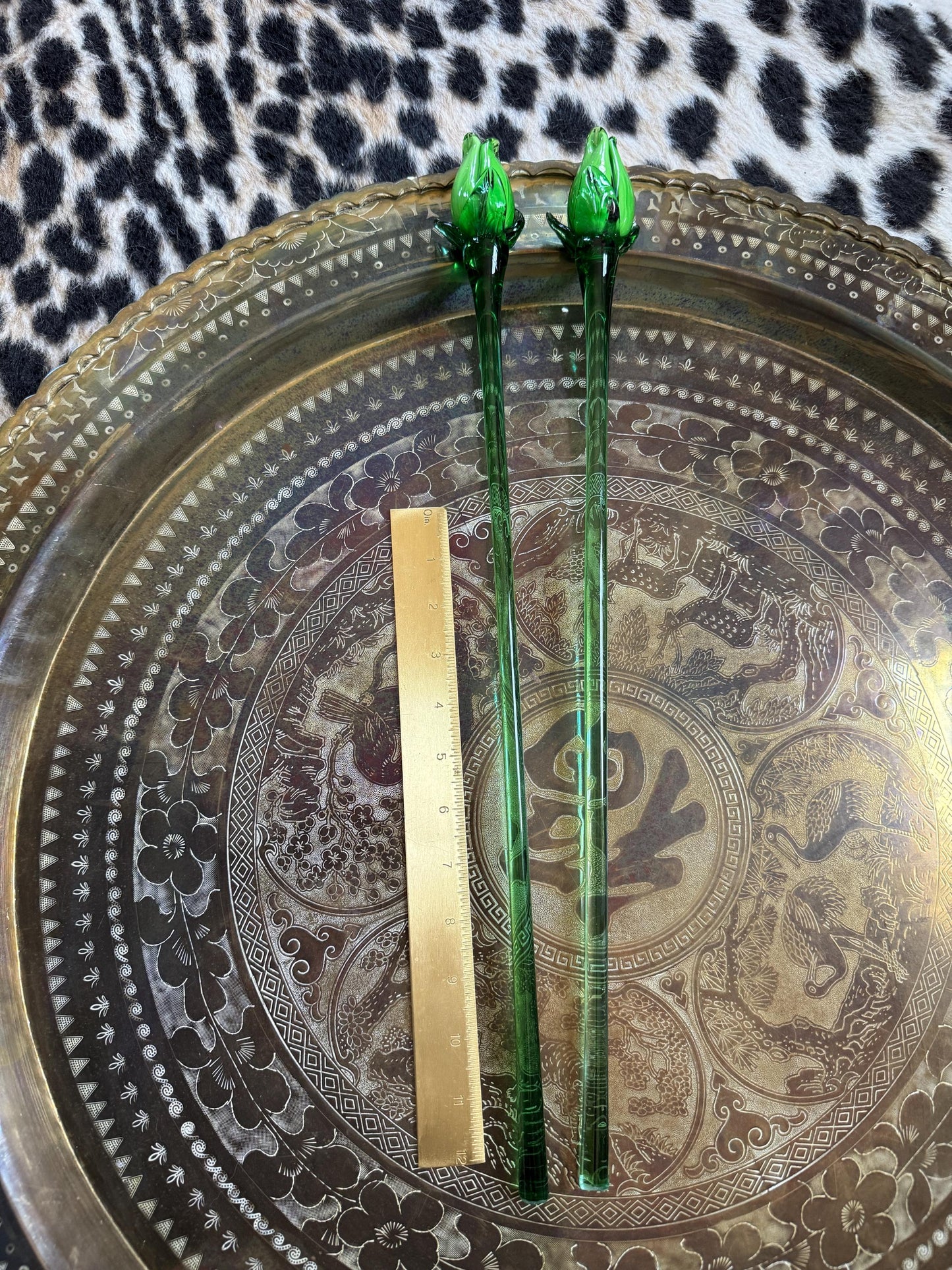 Vintage Murano Style Hand Blown Art Glass Flowers Green Tulips, 19.5" Extra Long Stems Green Tulips, Set of 2