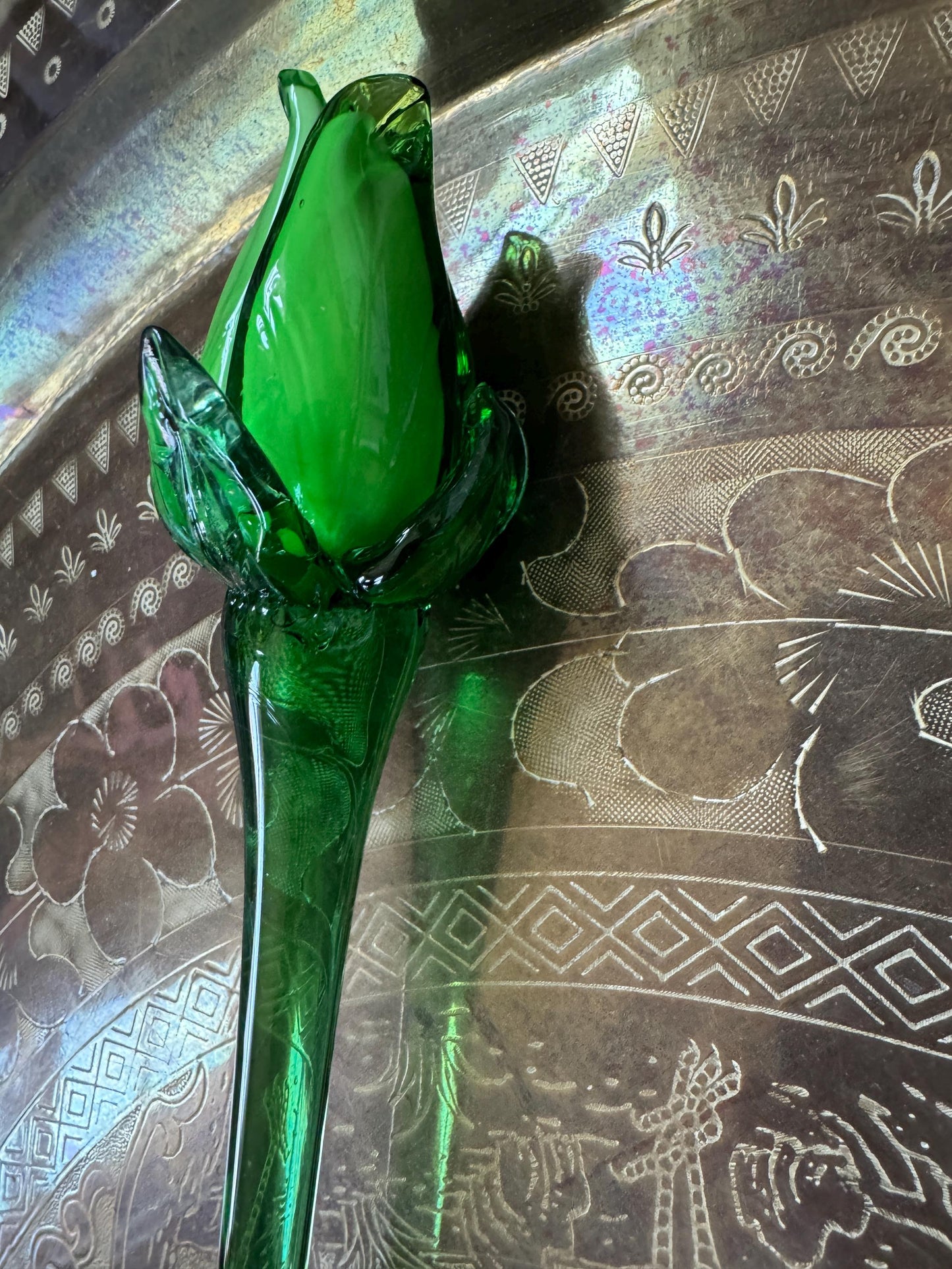 Vintage Murano Style Hand Blown Art Glass Flowers Green Tulips, 19.5" Extra Long Stems Green Tulips, Set of 2