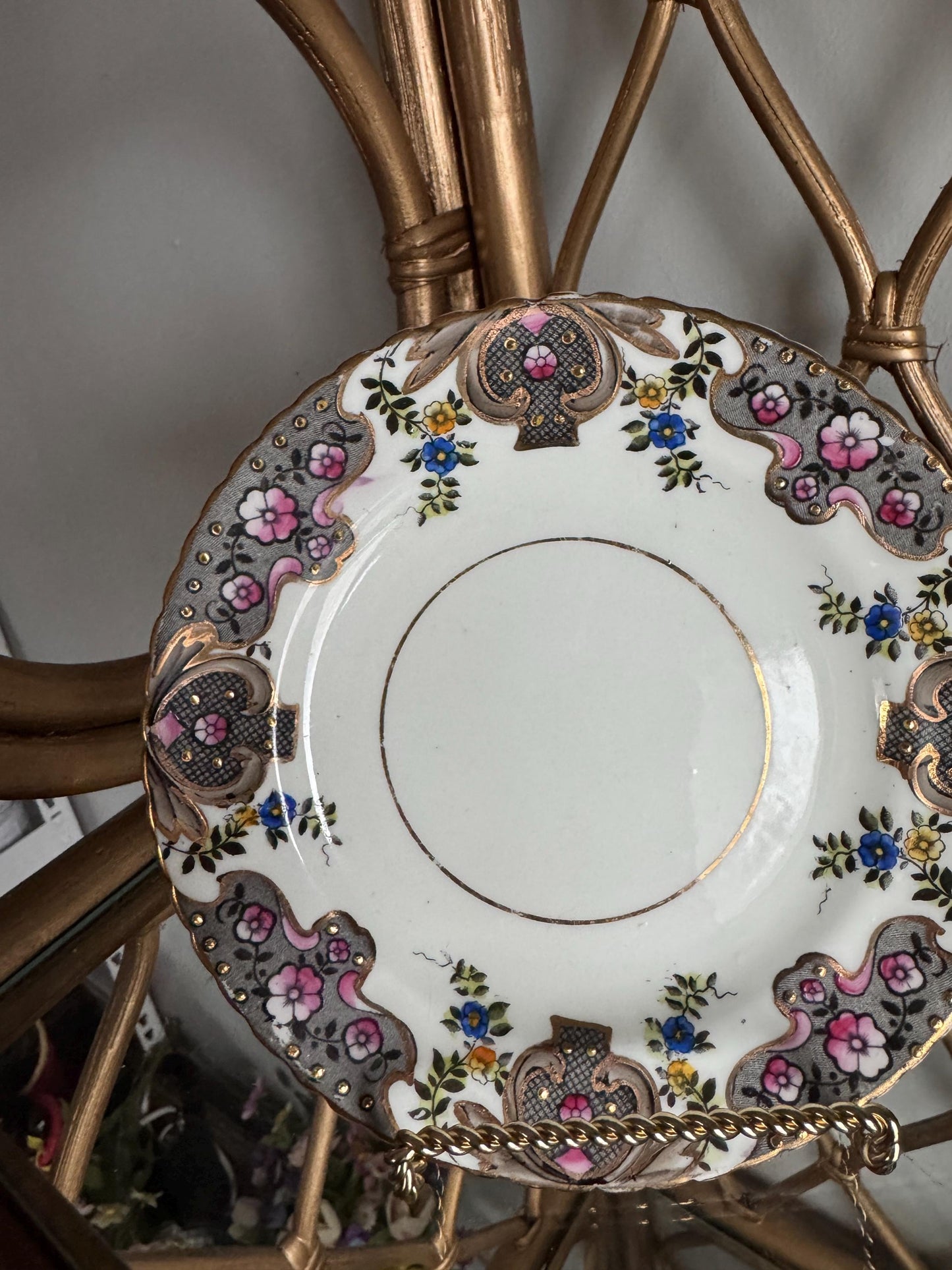 Antique Painted Porcelain Dessert Dinner plates Gilded Floral Gold Plated Pink Flower Design, circa early 1900s 11 Available