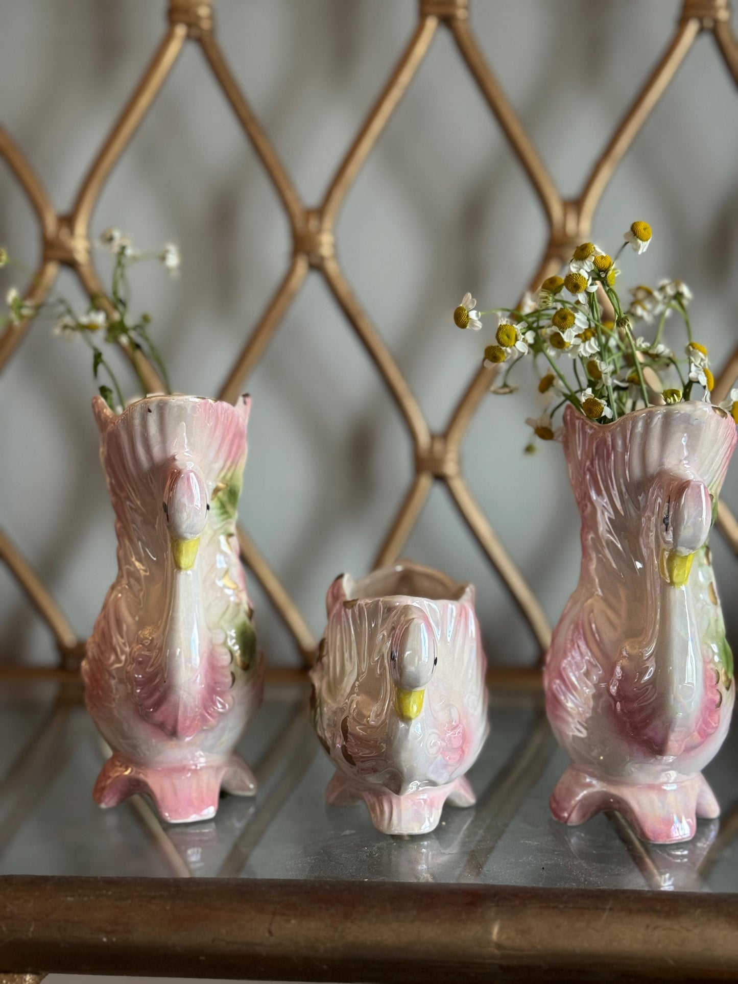 Vintage Lusterware Pink Swan Vases Bowl Set Figurine, Flower Vase, Potpourri Dish, Art Nouveau Cottage Core Porcelain Swan Figurines