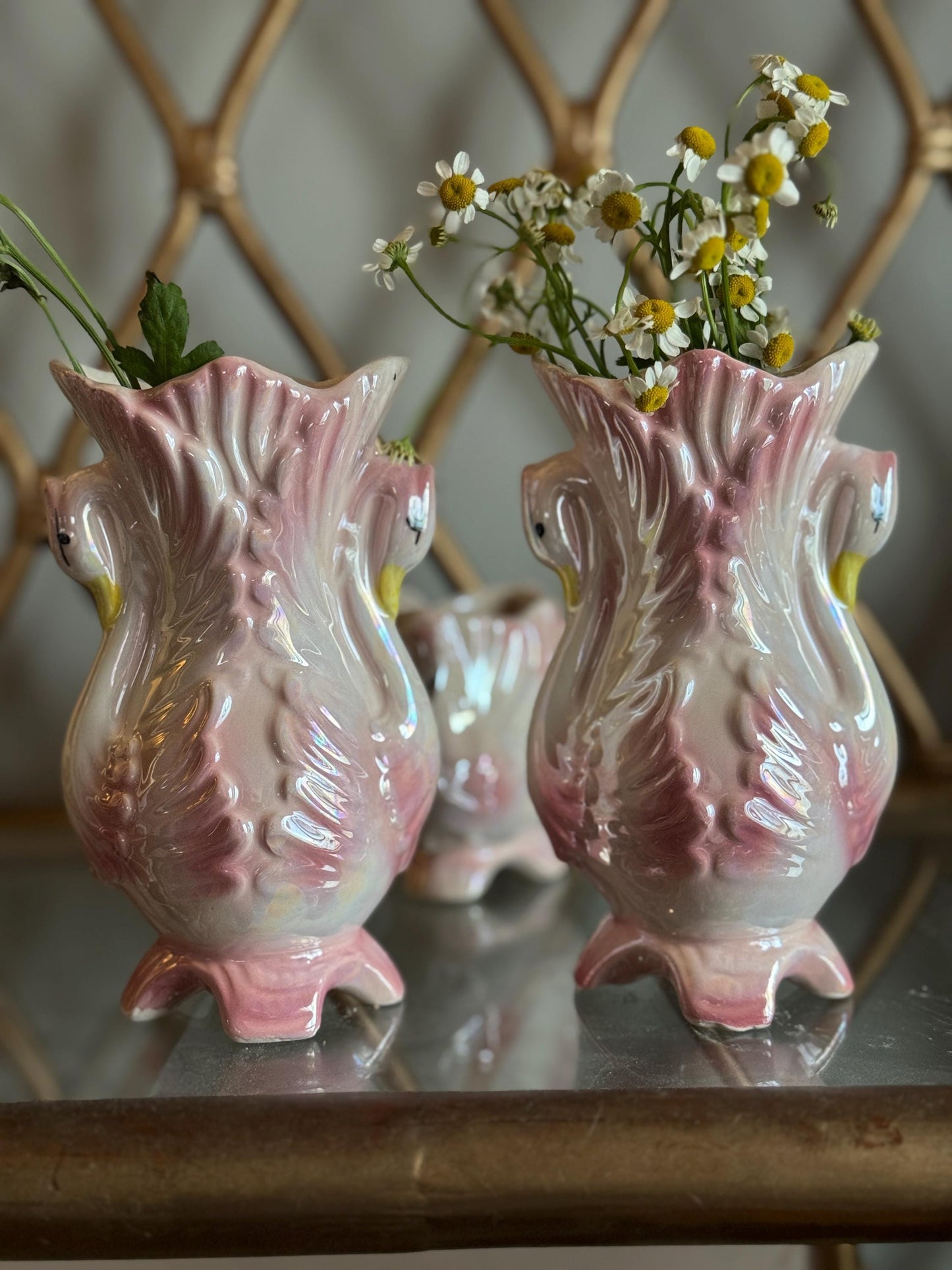 Vintage Lusterware Pink Swan Vases Bowl Set Figurine, Flower Vase, Potpourri Dish, Art Nouveau Cottage Core Porcelain Swan Figurines