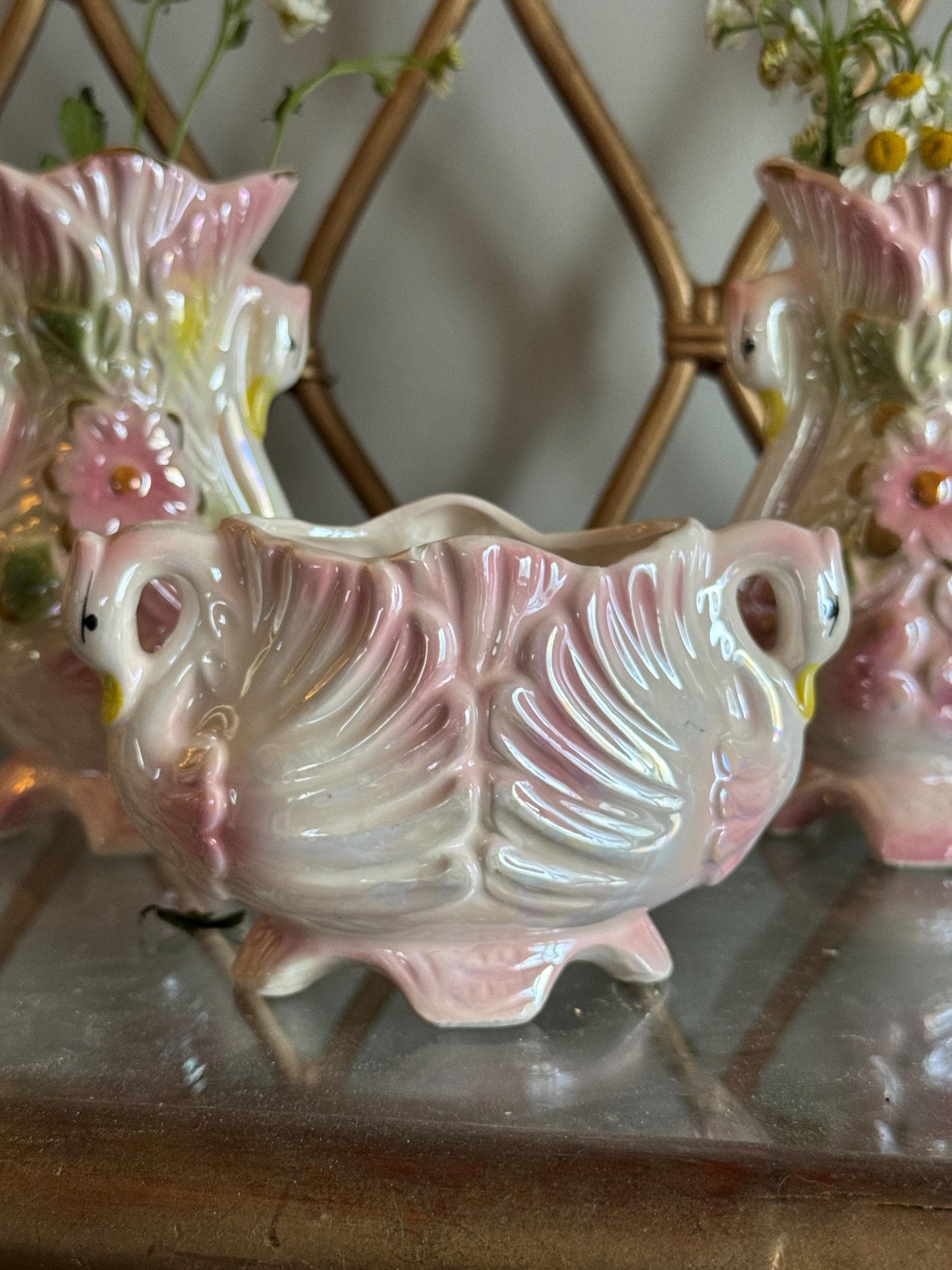 Vintage Lusterware Pink Swan Vases Bowl Set Figurine, Flower Vase, Potpourri Dish, Art Nouveau Cottage Core Porcelain Swan Figurines