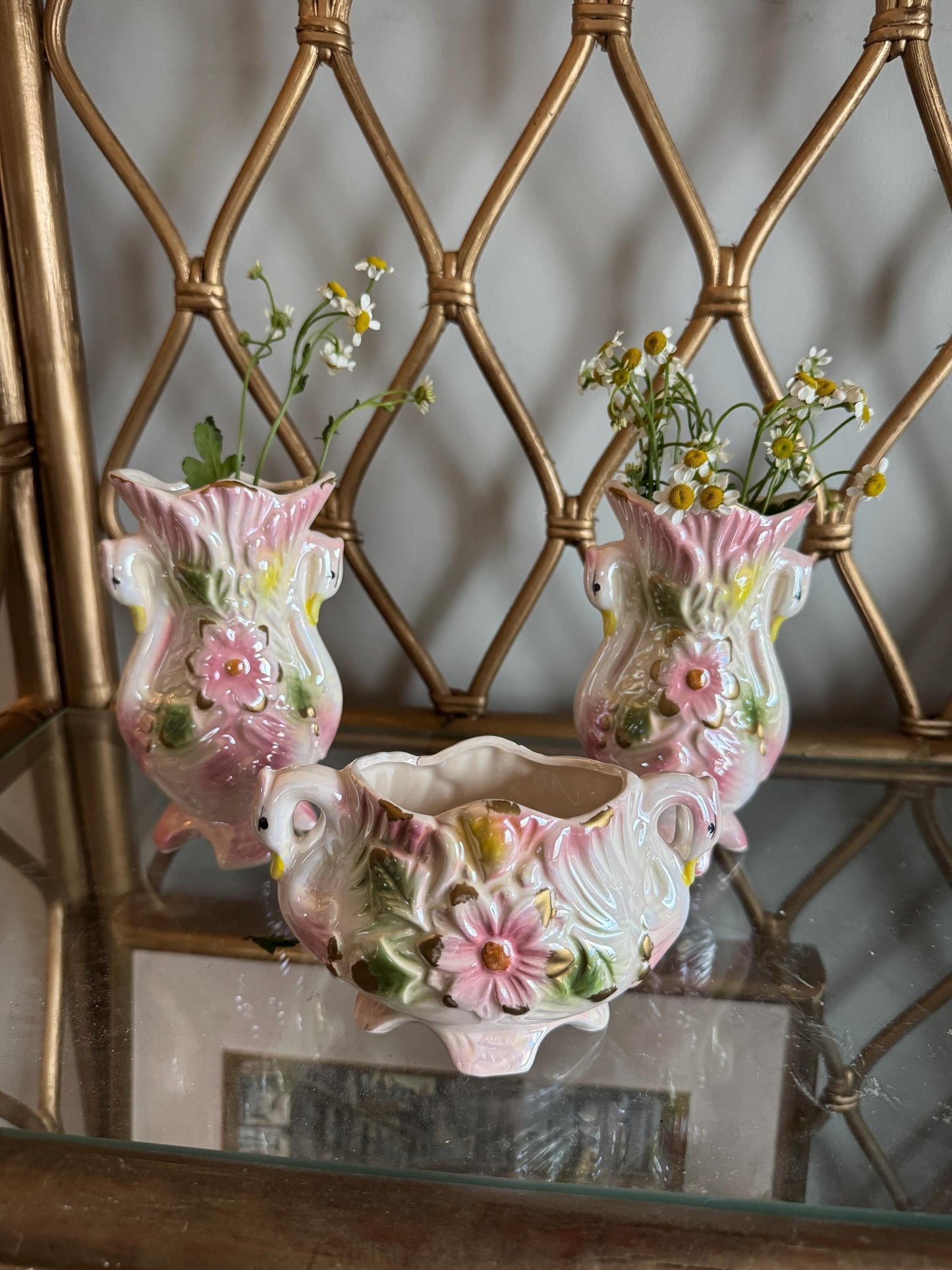 Vintage Lusterware Pink Swan Vases Bowl Set Figurine, Flower Vase, Potpourri Dish, Art Nouveau Cottage Core Porcelain Swan Figurines