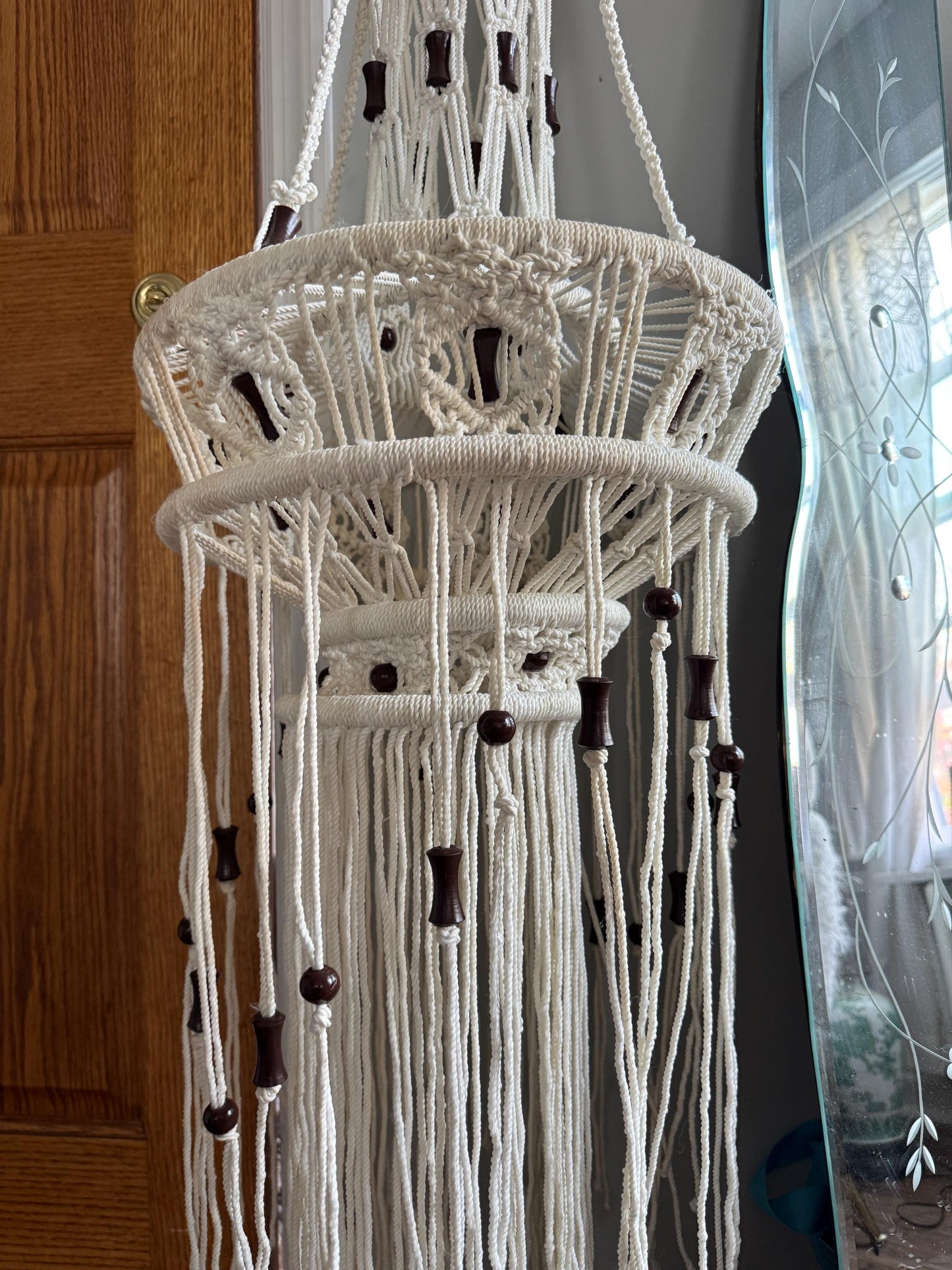 Vintage 1970's BOHO White Macramé Wood Beads Hanging, 70s White Hand Made Bell Shaped Giant Bohemian Style Hanging White Cord Macrame Rare