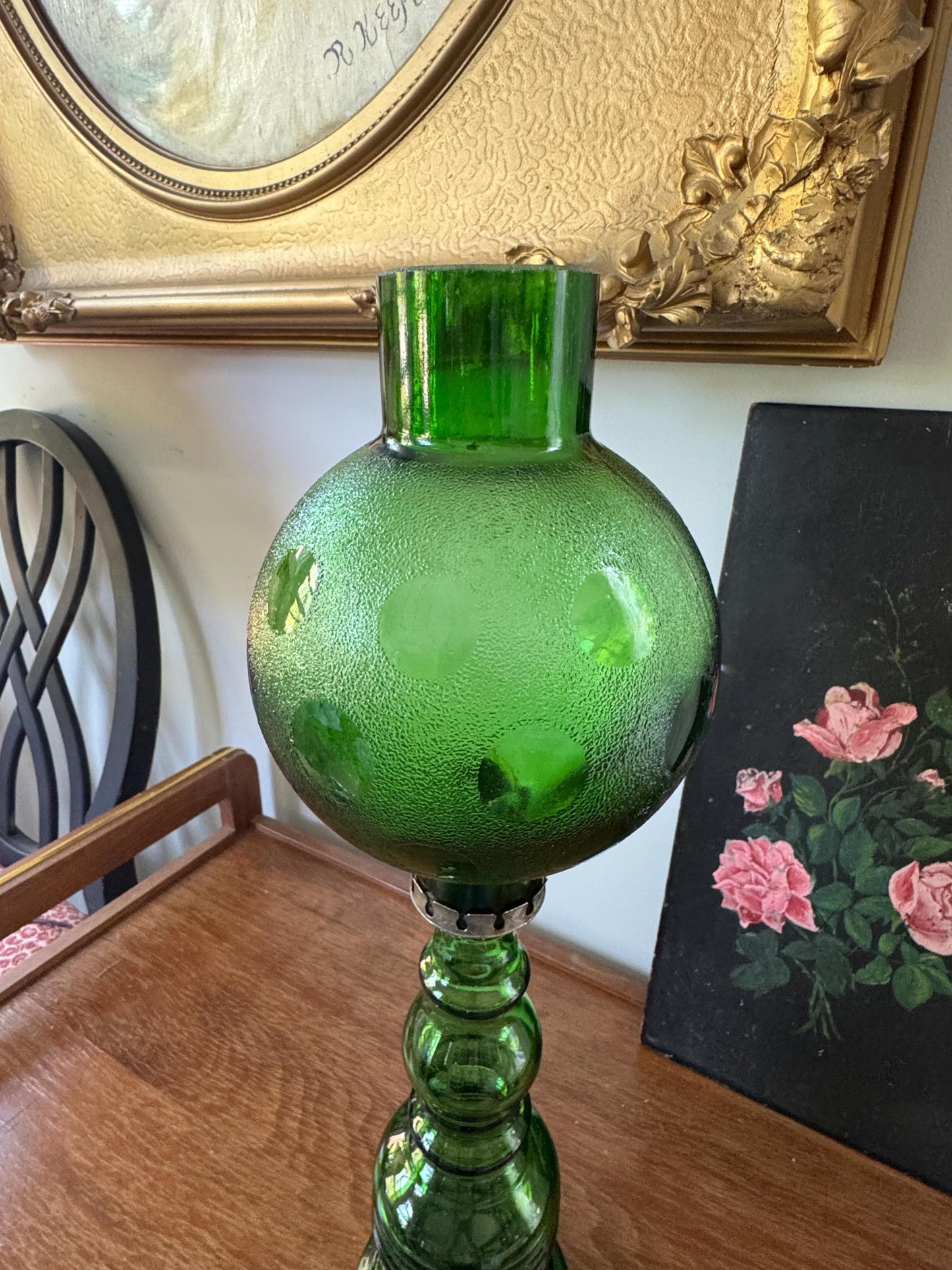 Vintage Mid Century Italian Cevin Green Glass Candle Lamp Genie Bottle, Vintage Wine Green Bottle Candle Lamp, Rare Find Candle Holder