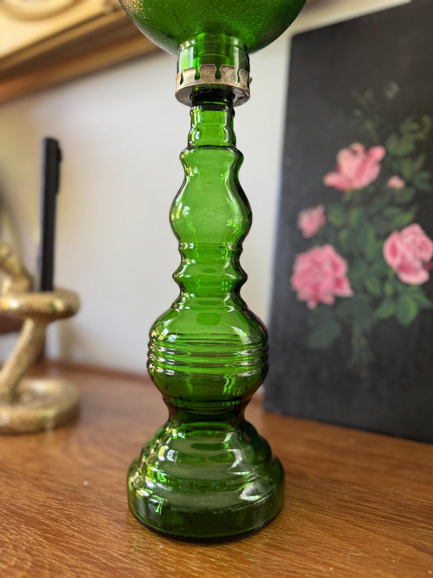 Vintage Mid Century Italian Cevin Green Glass Candle Lamp Genie Bottle, Vintage Wine Green Bottle Candle Lamp, Rare Find Candle Holder