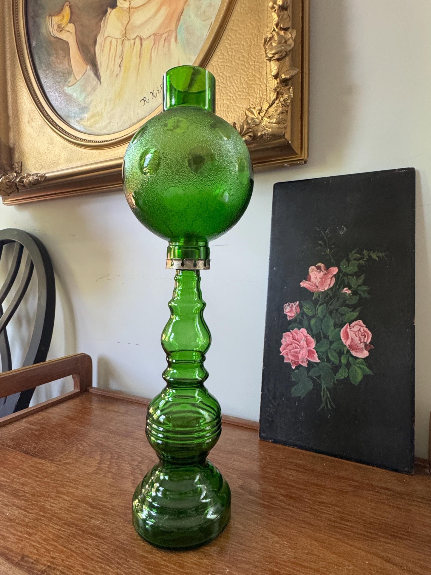 Vintage Mid Century Italian Cevin Green Glass Candle Lamp Genie Bottle, Vintage Wine Green Bottle Candle Lamp, Rare Find Candle Holder