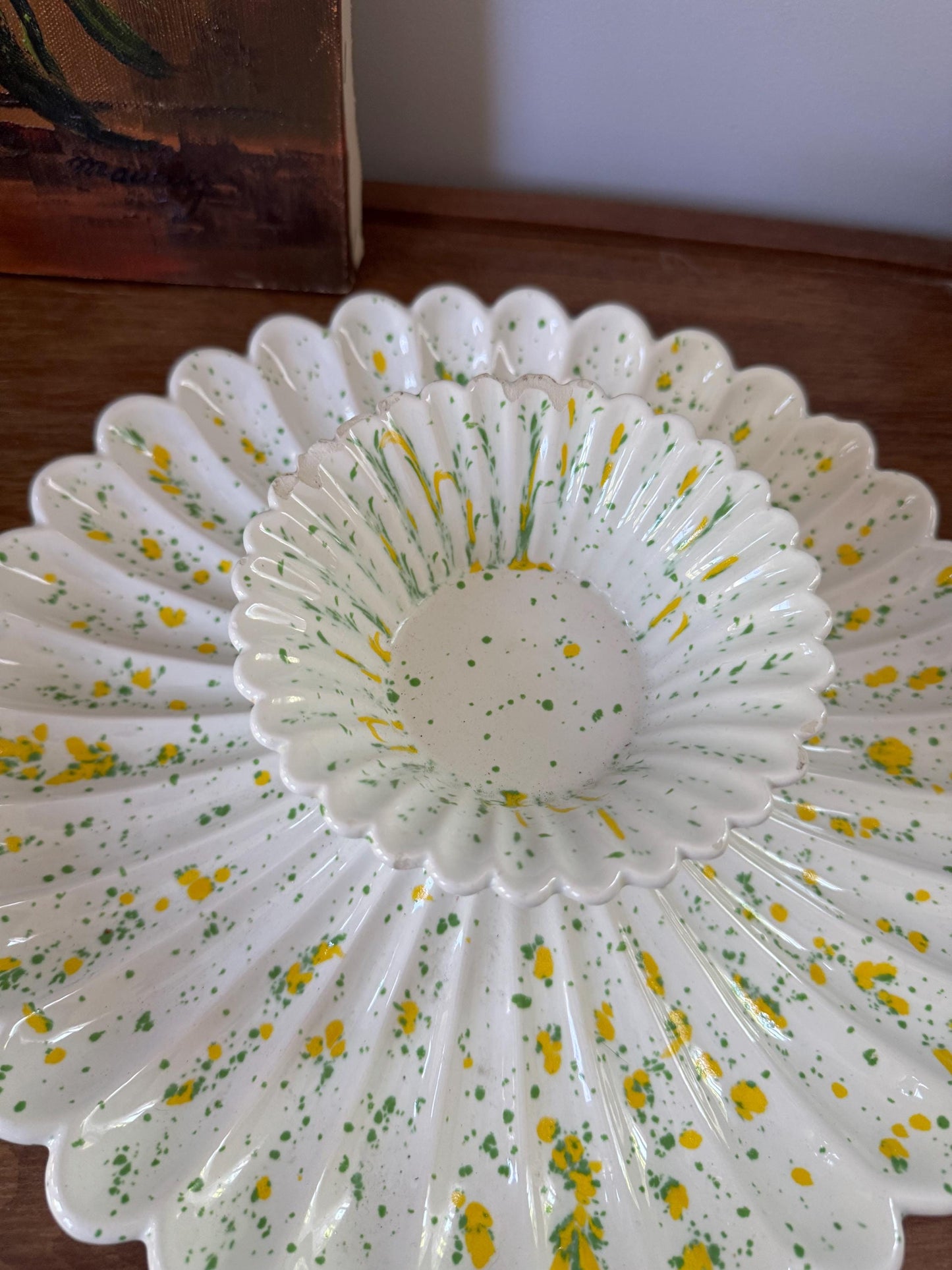 Vintage Splatter Ceramic Chip And Dip Platter, Appetizer Dish, Mid Century Modern 1970s Hosting Serving Dish Kitchenware Housewarming Gift