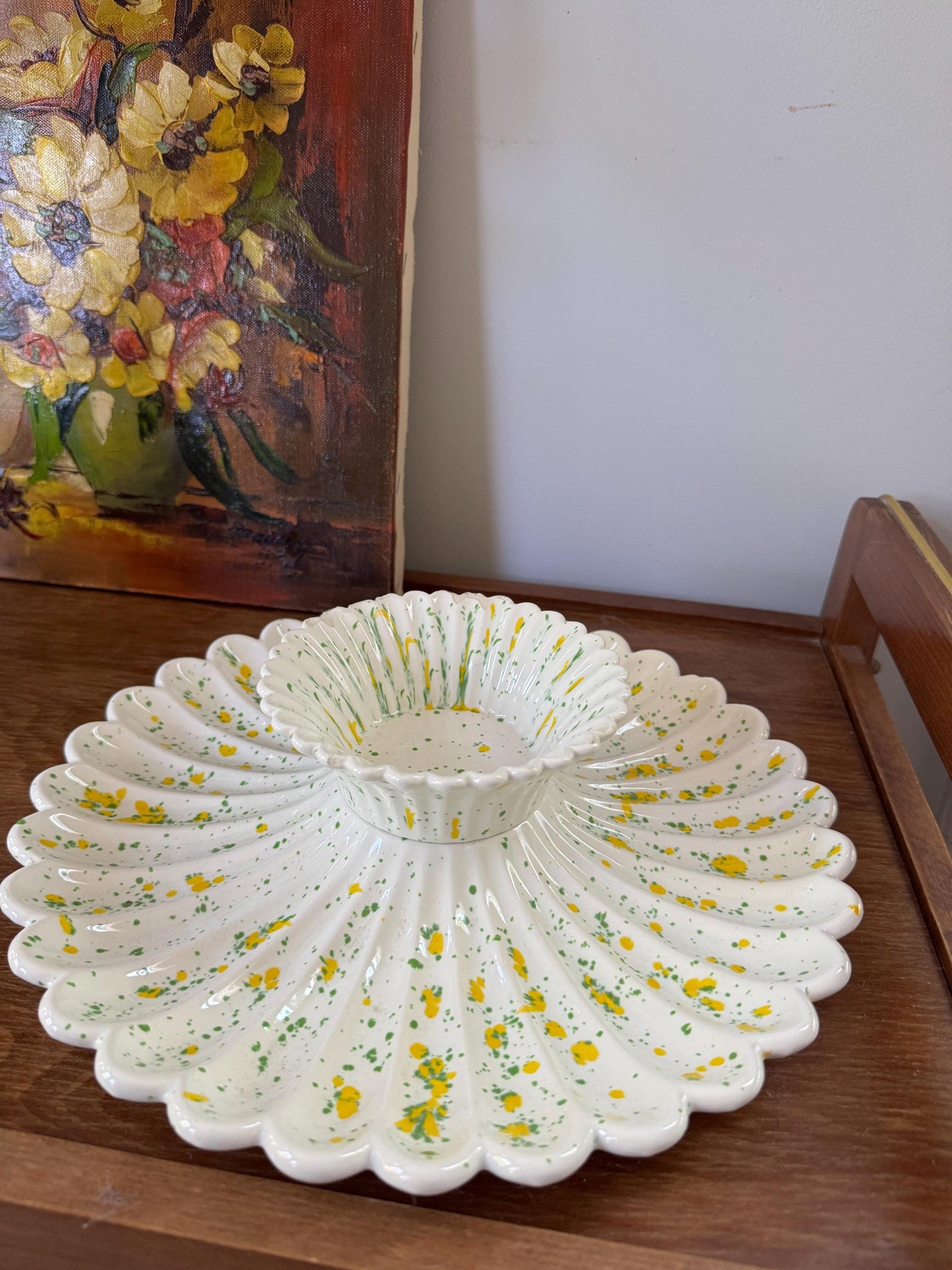 Vintage Splatter Ceramic Chip And Dip Platter, Appetizer Dish, Mid Century Modern 1970s Hosting Serving Dish Kitchenware Housewarming Gift