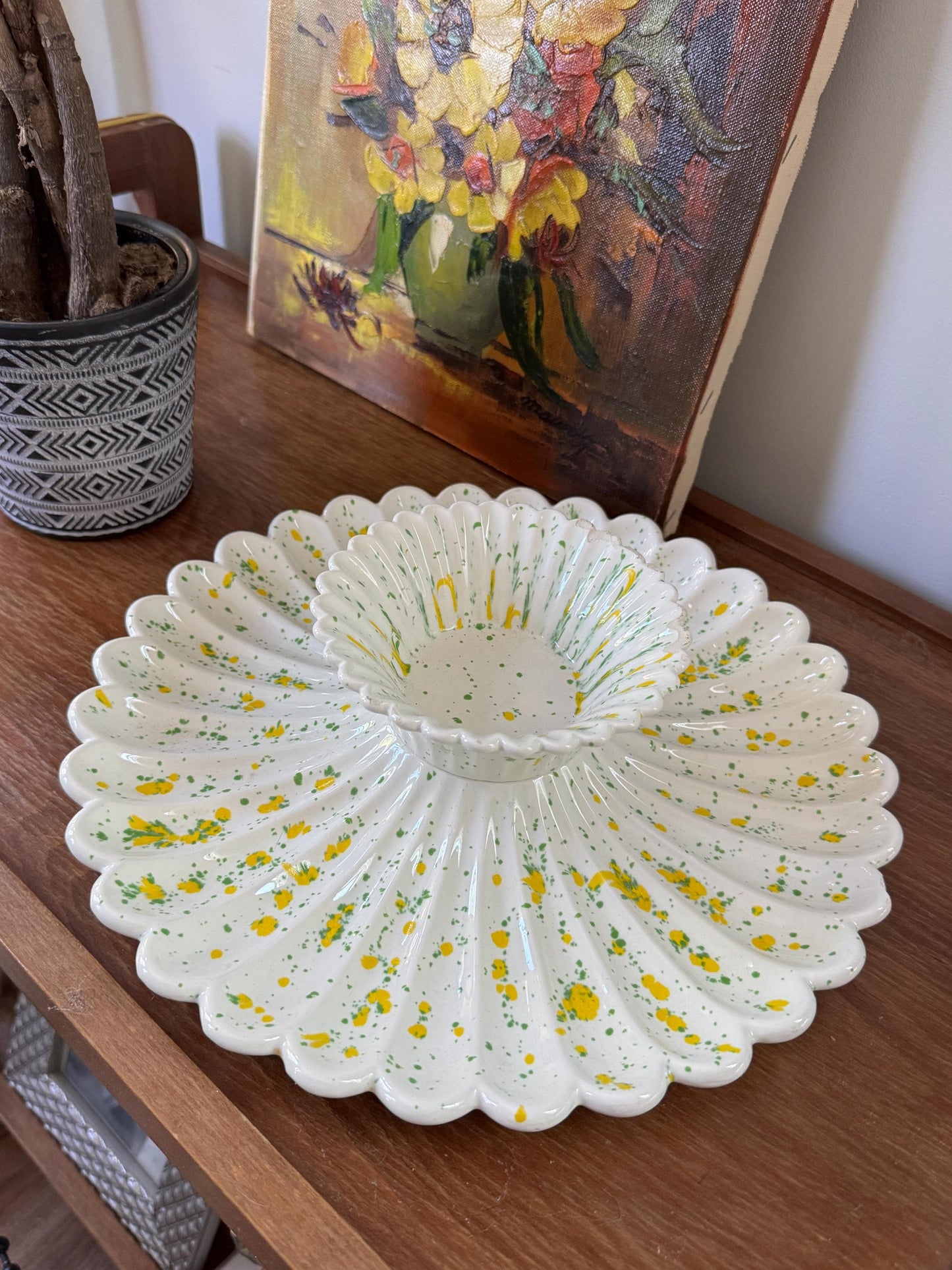 Vintage Splatter Ceramic Chip And Dip Platter, Appetizer Dish, Mid Century Modern 1970s Hosting Serving Dish Kitchenware Housewarming Gift