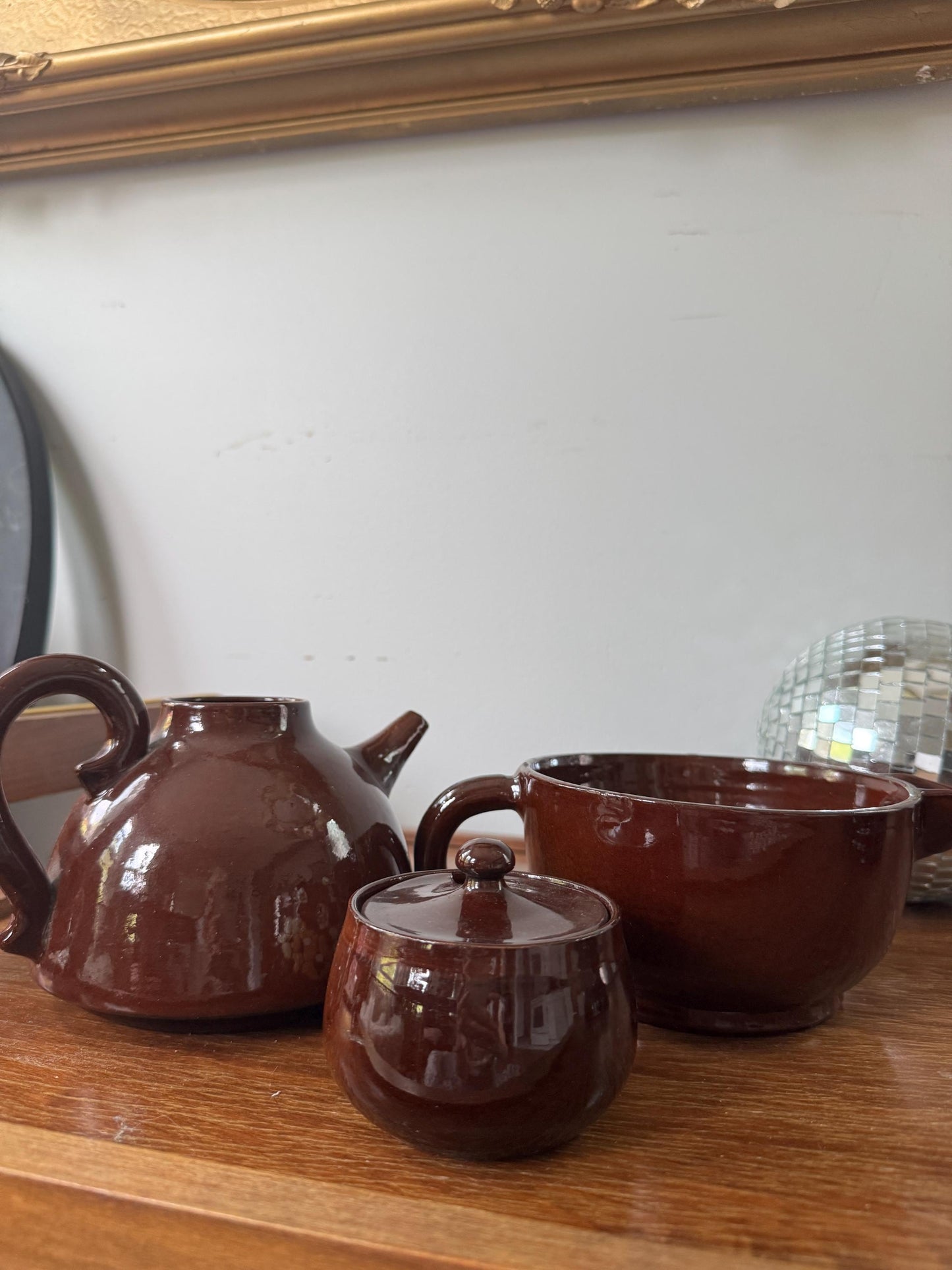 Vintage Hand Painted Ceramic Teapot Set Creamer Sugar Bowl, Coffee Milk, Cafe Liete Bowl, 70s Boho Kitchen Hippie Diasy Ceramic Pottery