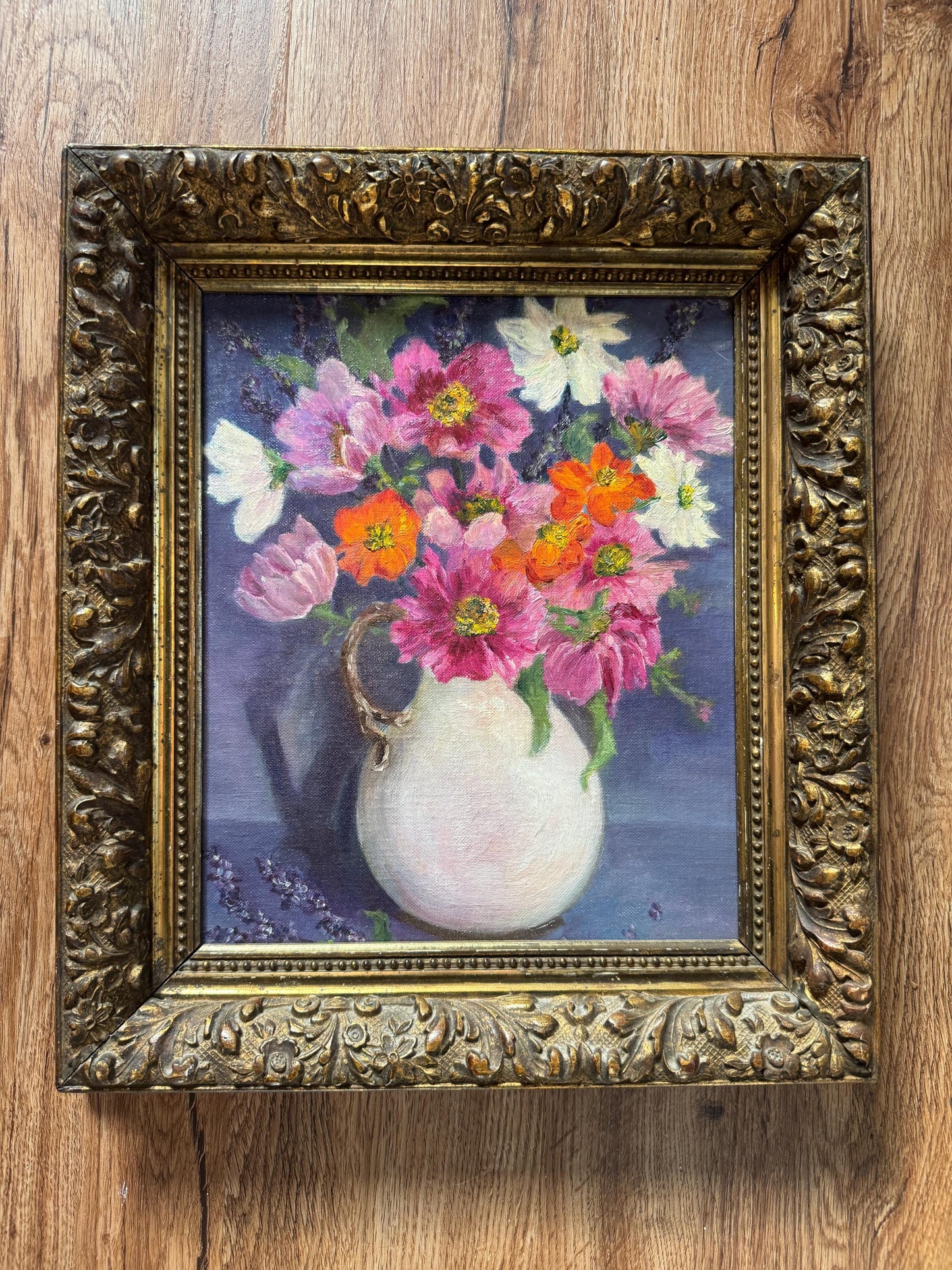 Original Floral Bouqeut Still Life Oil Painting Framed, Vintage Floral Wall Art Wildflower Oil Painting, Ornate Gold Carved Flower Frame