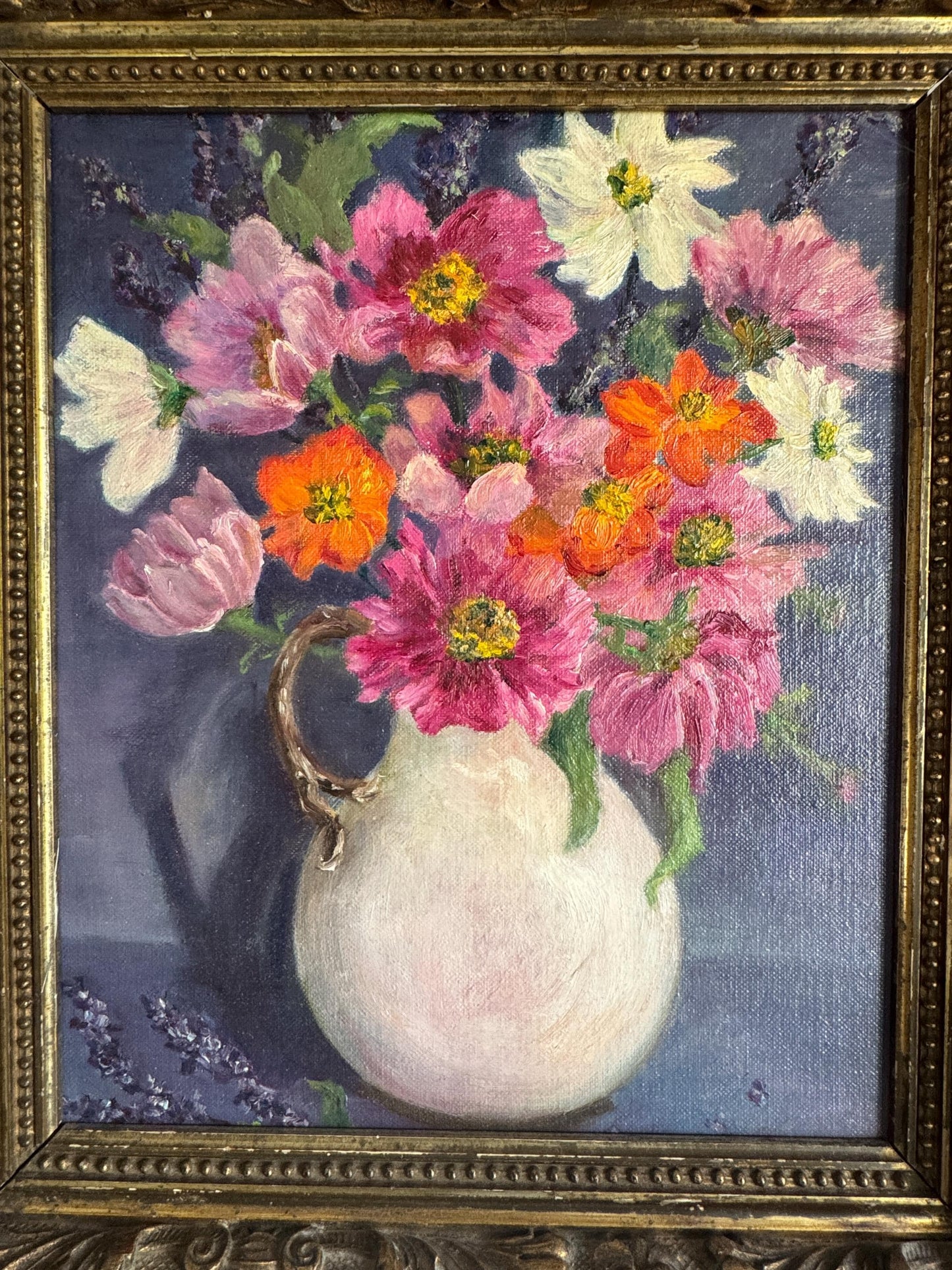 Original Floral Bouqeut Still Life Oil Painting Framed, Vintage Floral Wall Art Wildflower Oil Painting, Ornate Gold Carved Flower Frame