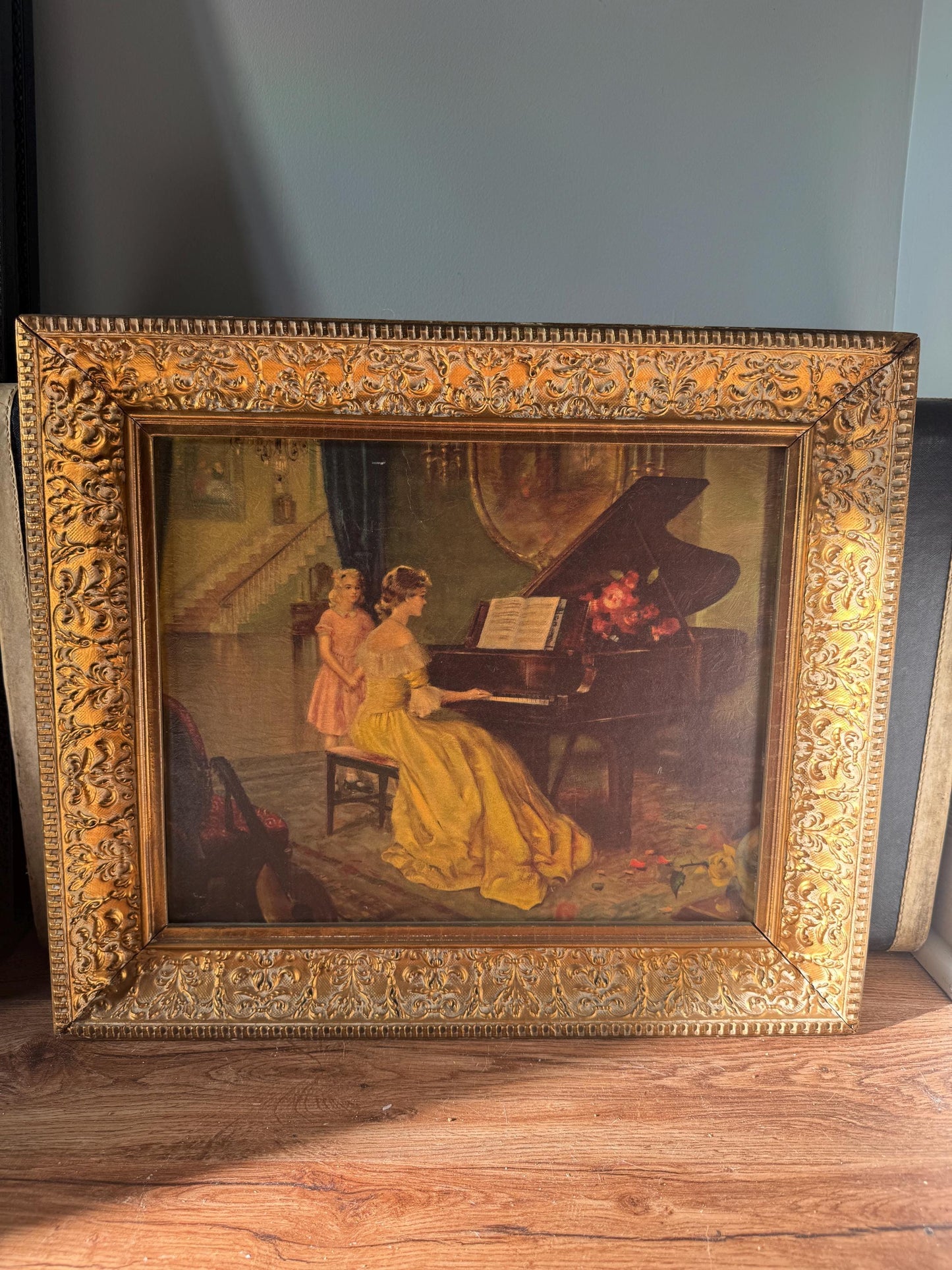 Framed Vintage Antoni M. Ditlef Lithograph Print The Enchantment Signed, Mid century Artists Beautiful Ornate Original Floral Gold Frame.