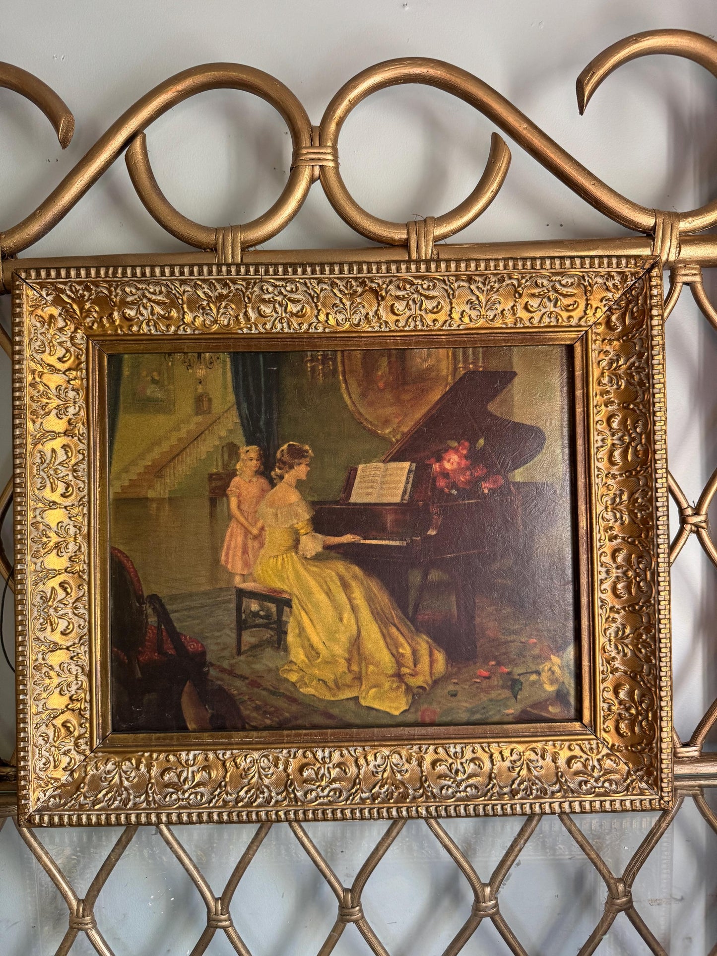 Framed Vintage Antoni M. Ditlef Lithograph Print The Enchantment Signed, Mid century Artists Beautiful Ornate Original Floral Gold Frame.