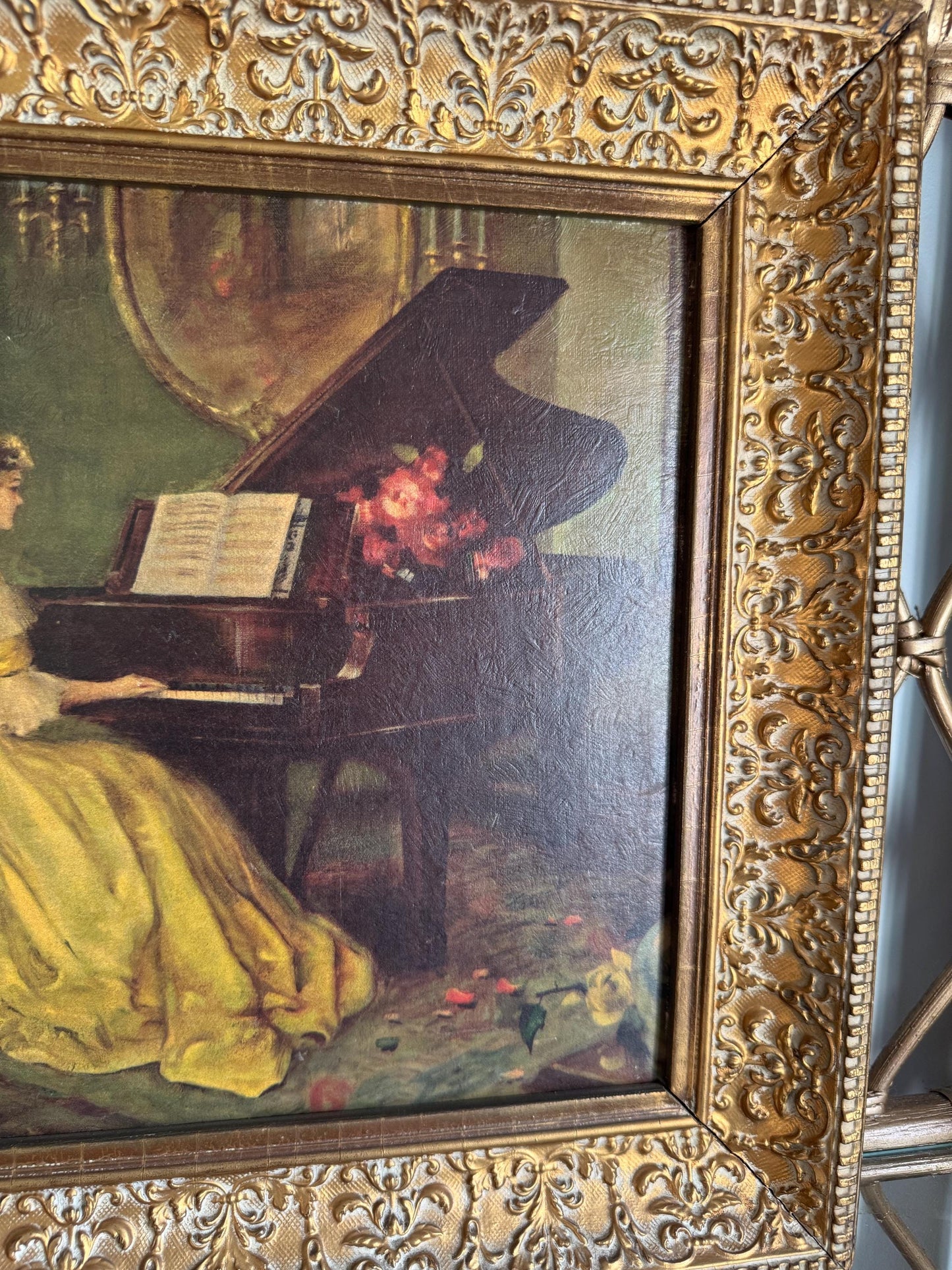 Framed Vintage Antoni M. Ditlef Lithograph Print The Enchantment Signed, Mid century Artists Beautiful Ornate Original Floral Gold Frame.