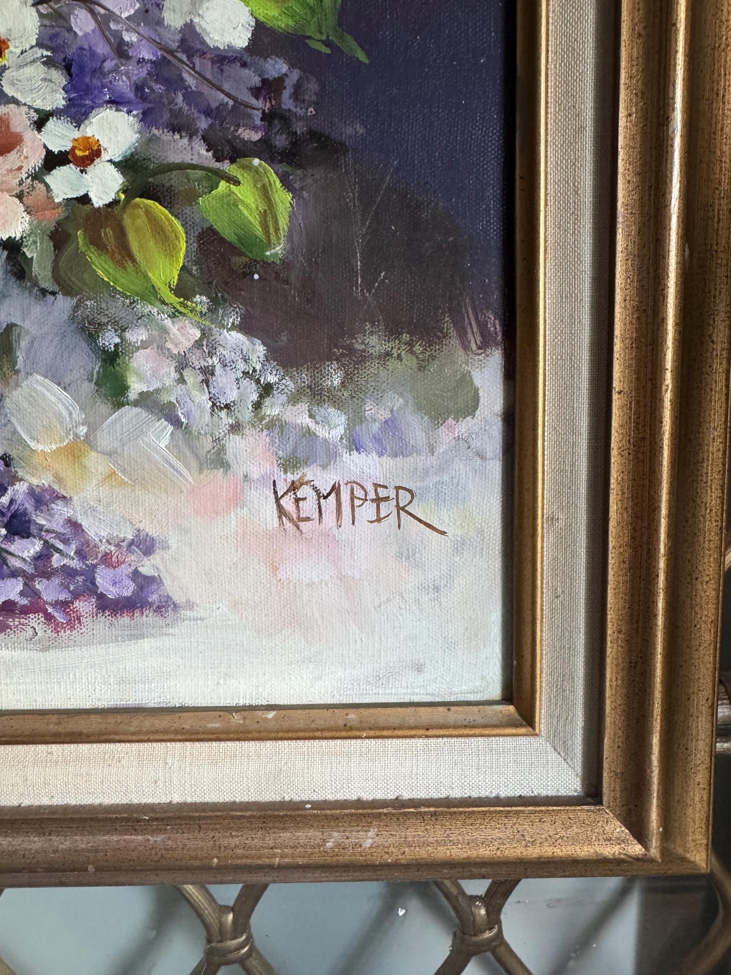 Original Vintage Lilac Floral Bouquet Still life Oil Painting French Impressionist Pastel Flower Oil Painting Framed Signed by artist Kemper