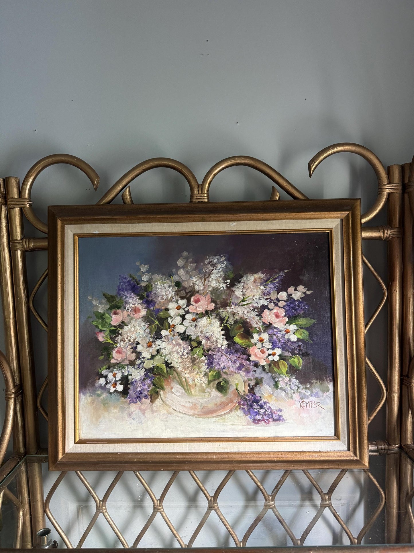 Original Vintage Lilac Floral Bouquet Still life Oil Painting French Impressionist Pastel Flower Oil Painting Framed Signed by artist Kemper