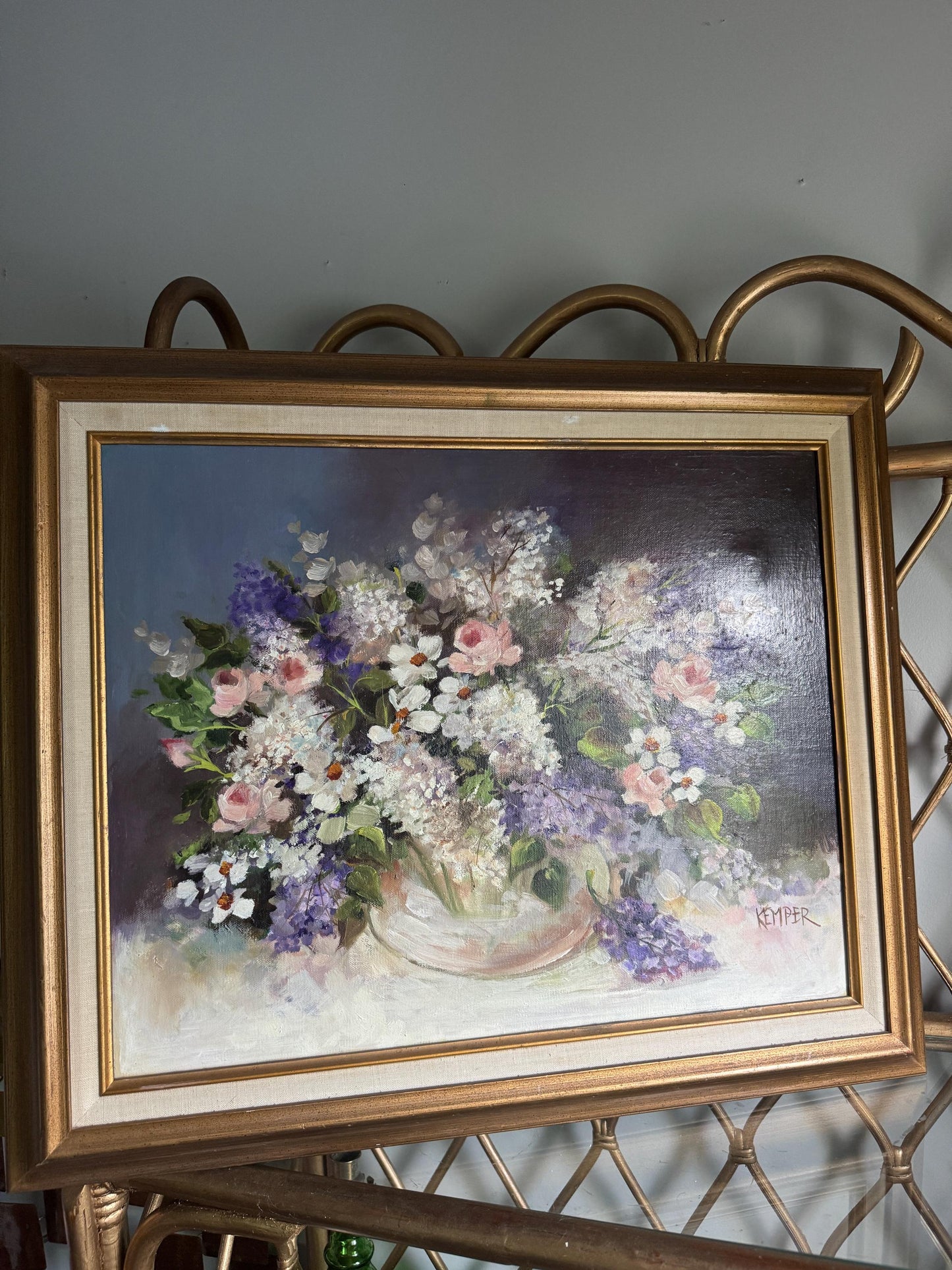 Original Vintage Lilac Floral Bouquet Still life Oil Painting French Impressionist Pastel Flower Oil Painting Framed Signed by artist Kemper