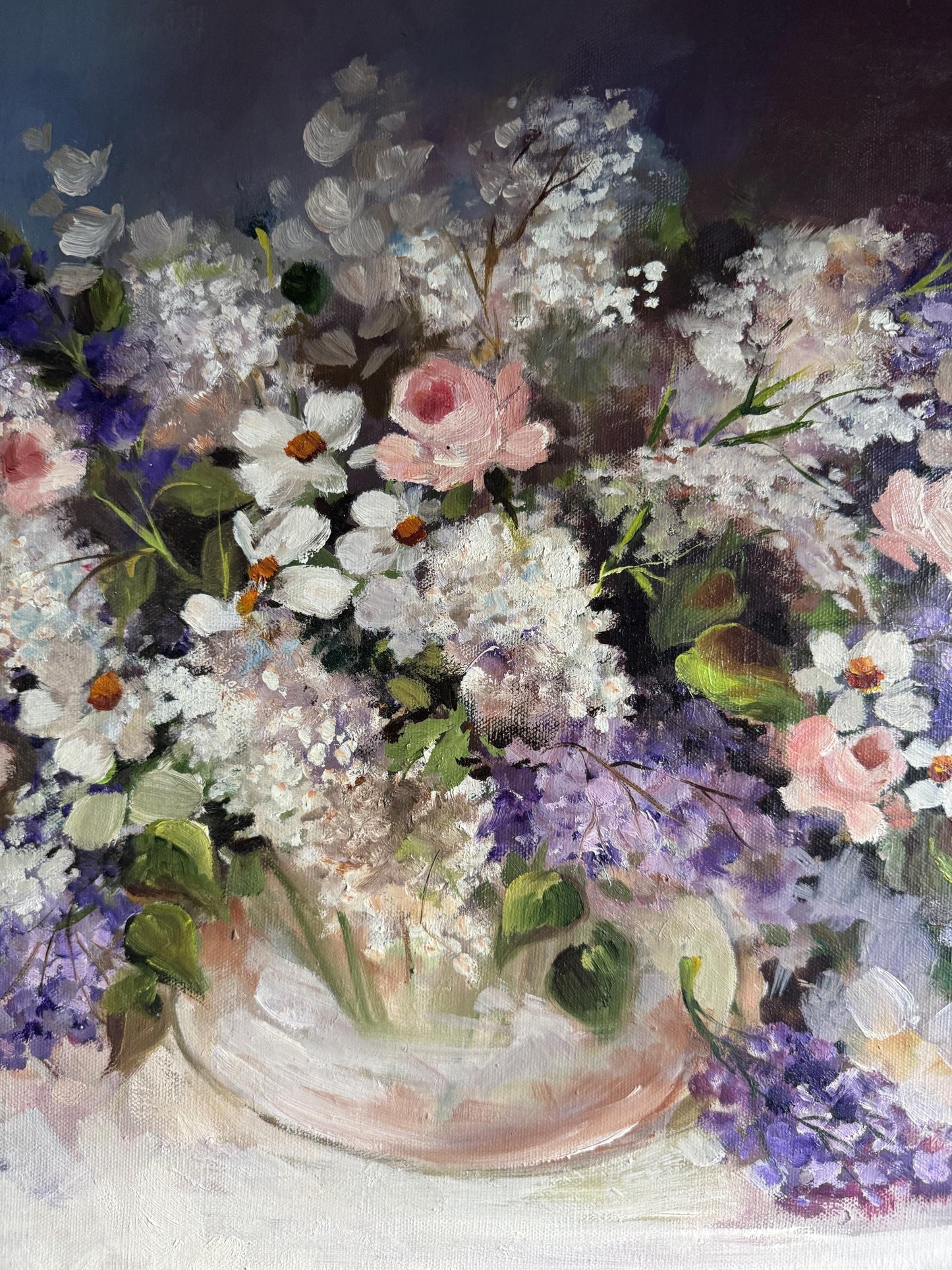 Original Vintage Lilac Floral Bouquet Still life Oil Painting French Impressionist Pastel Flower Oil Painting Framed Signed by artist Kemper