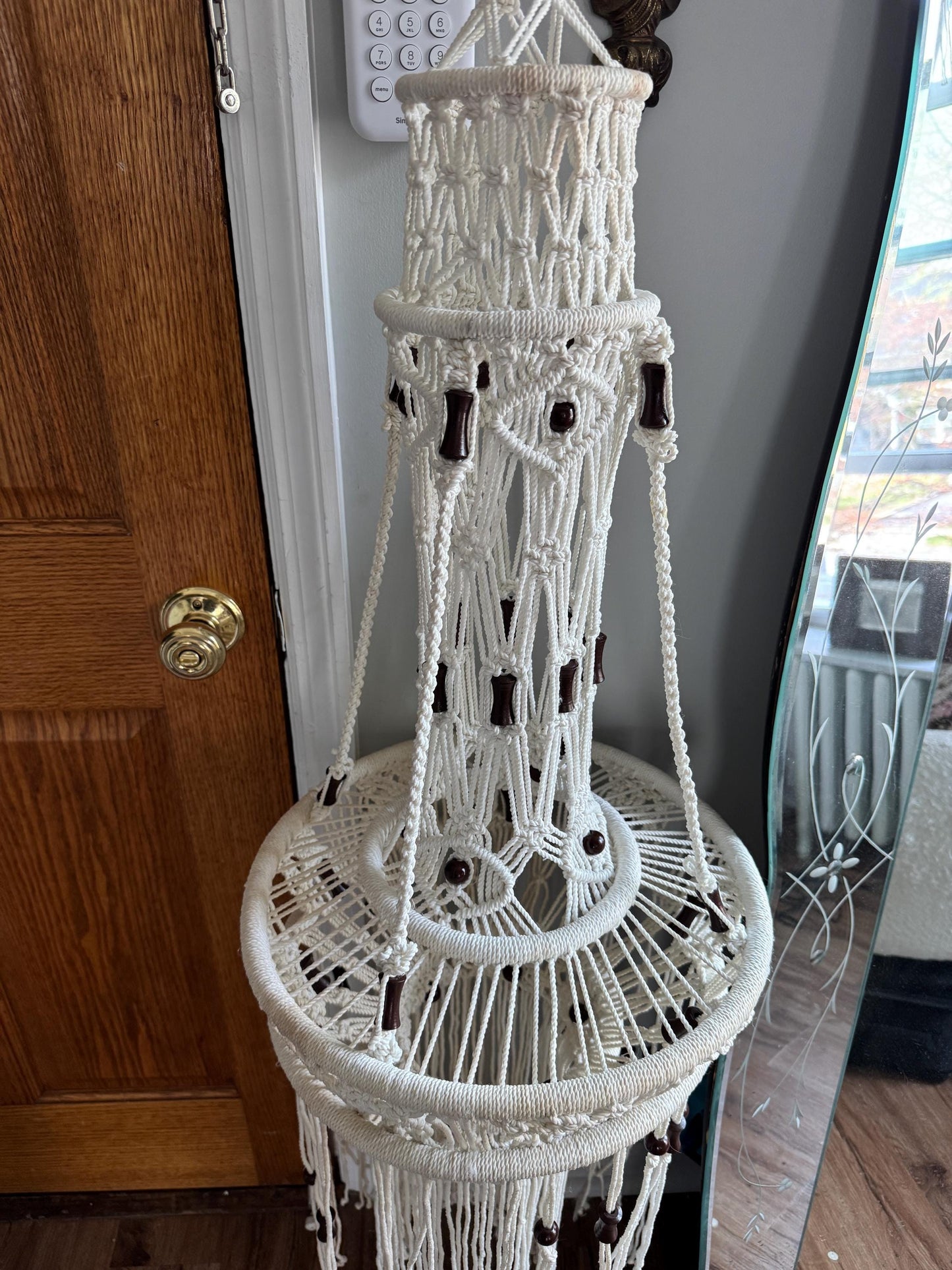 Vintage 1970's BOHO White Macramé Wood Beads Hanging, 70s White Hand Made Bell Shaped Giant Bohemian Style Hanging White Cord Macrame Rare