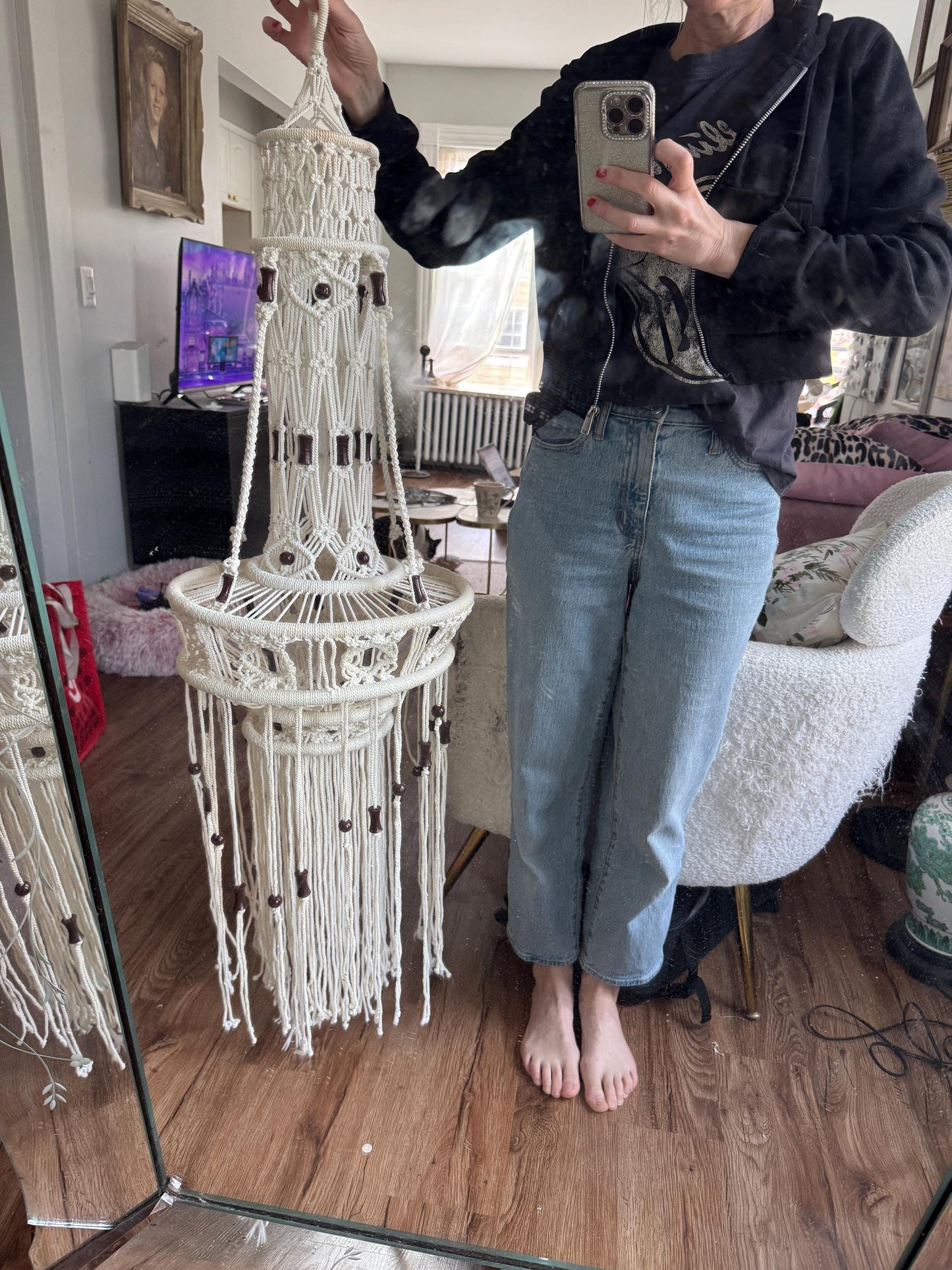 Vintage 1970's BOHO White Macramé Wood Beads Hanging, 70s White Hand Made Bell Shaped Giant Bohemian Style Hanging White Cord Macrame Rare