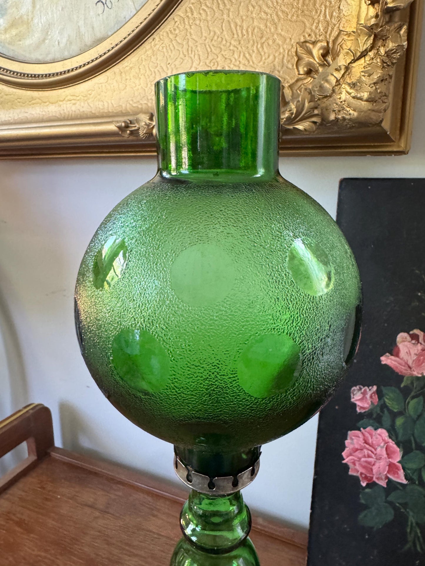 Vintage Mid Century Italian Cevin Green Glass Candle Lamp Genie Bottle, Vintage Wine Green Bottle Candle Lamp, Rare Find Candle Holder