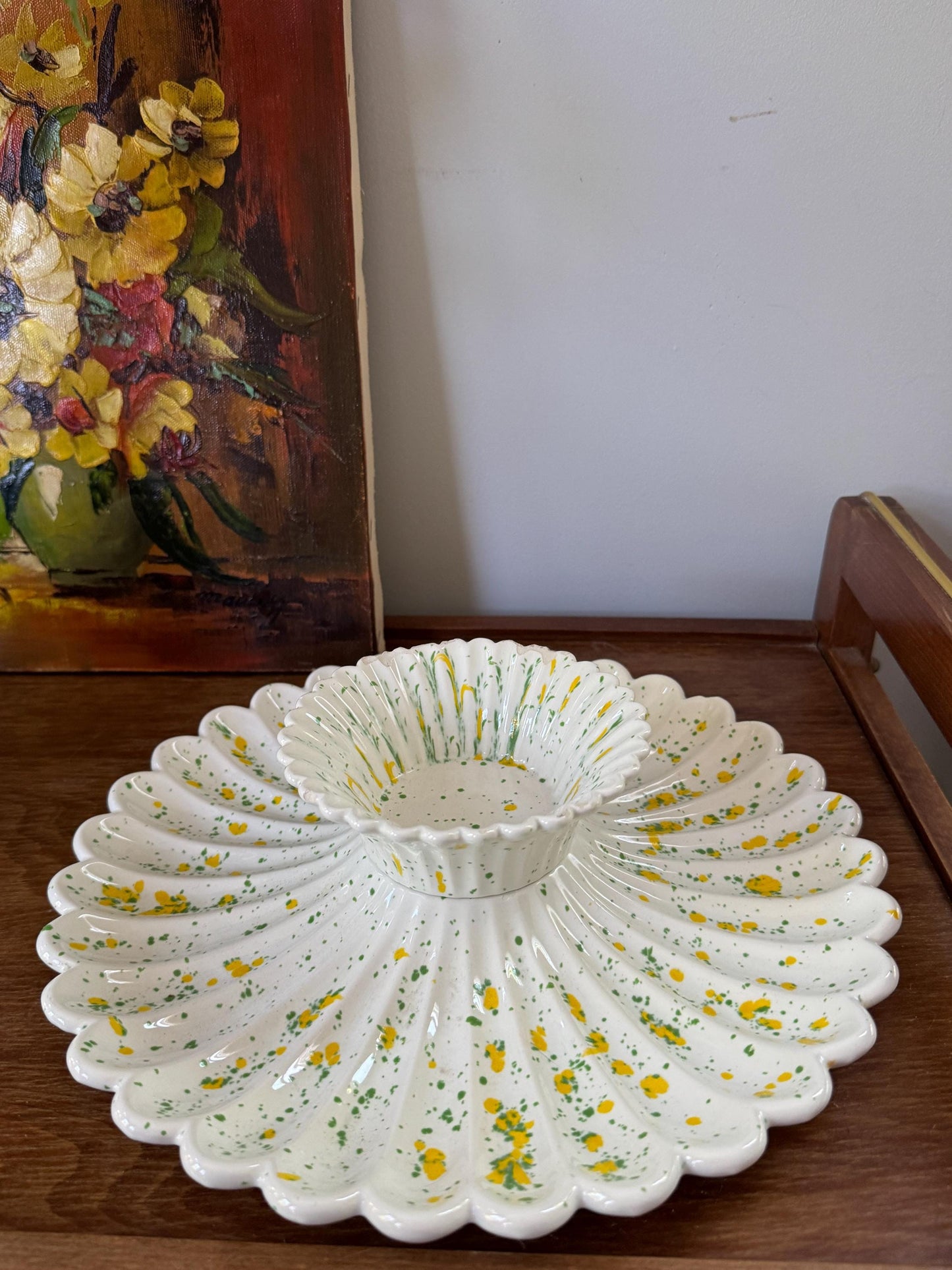 Vintage Splatter Ceramic Chip And Dip Platter, Appetizer Dish, Mid Century Modern 1970s Hosting Serving Dish Kitchenware Housewarming Gift