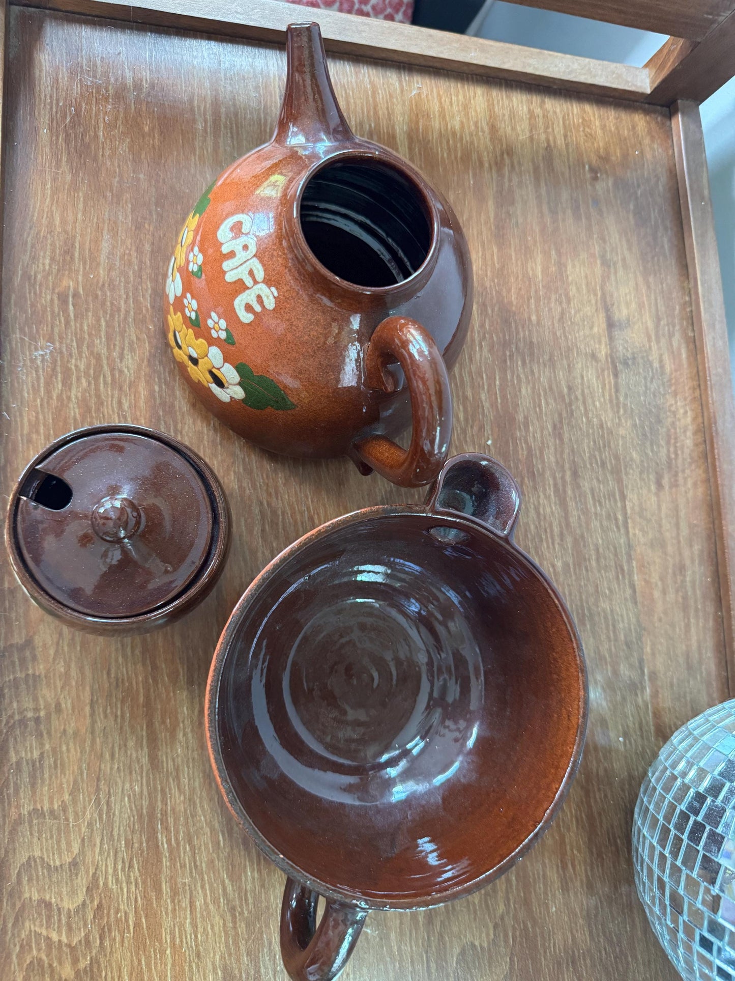 Vintage Hand Painted Ceramic Teapot Set Creamer Sugar Bowl, Coffee Milk, Cafe Liete Bowl, 70s Boho Kitchen Hippie Diasy Ceramic Pottery