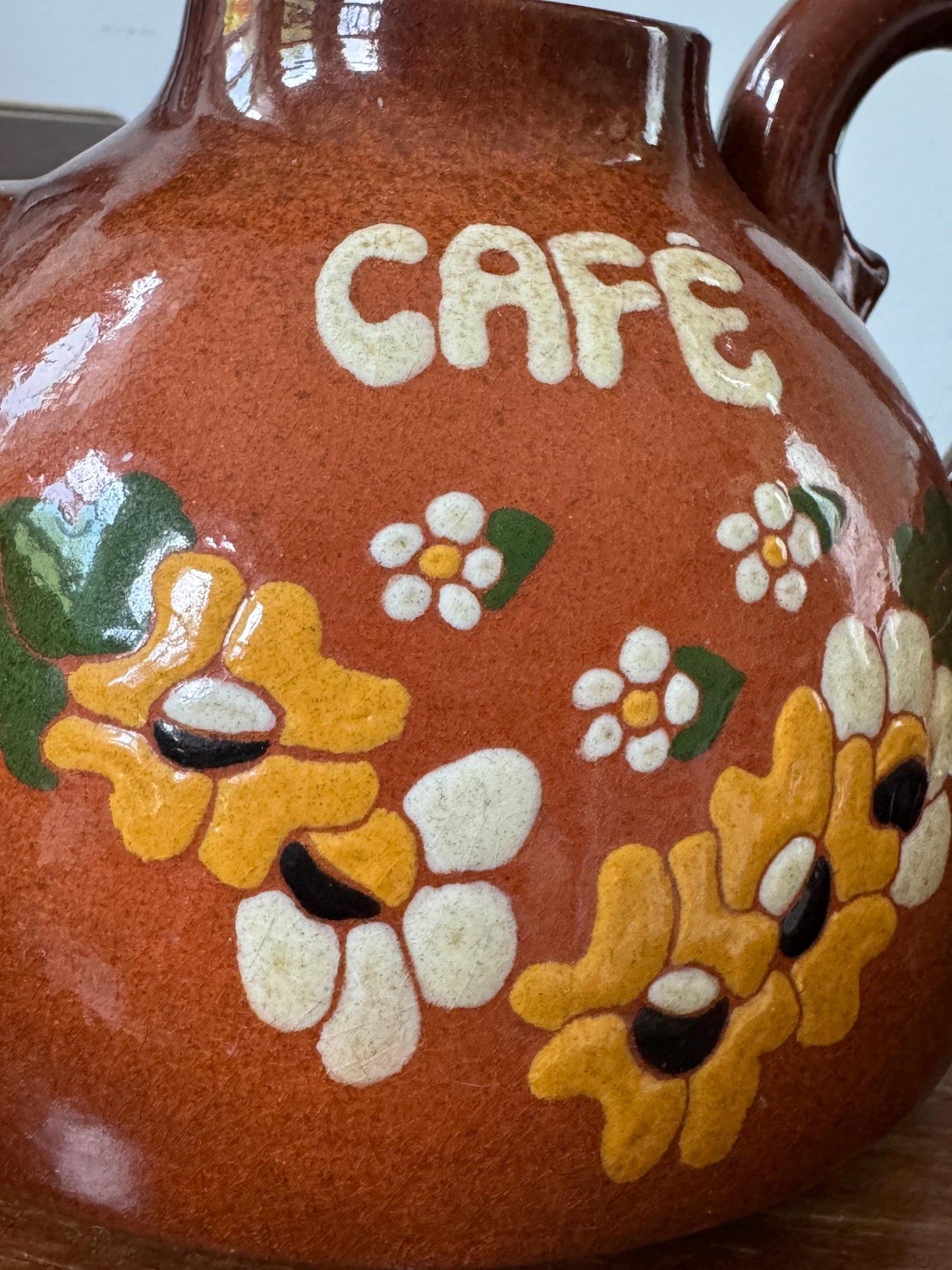 Vintage Hand Painted Ceramic Teapot Set Creamer Sugar Bowl, Coffee Milk, Cafe Liete Bowl, 70s Boho Kitchen Hippie Diasy Ceramic Pottery