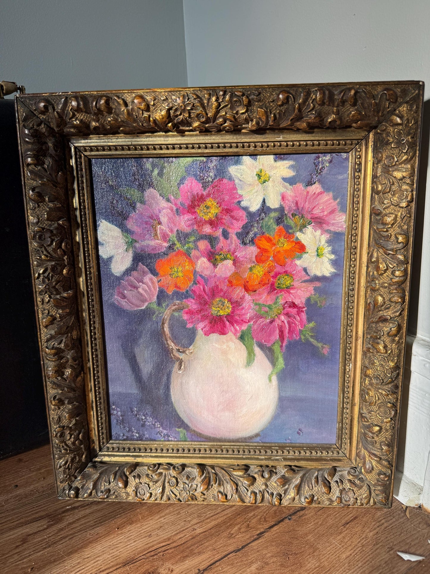 Original Floral Bouqeut Still Life Oil Painting Framed, Vintage Floral Wall Art Wildflower Oil Painting, Ornate Gold Carved Flower Frame