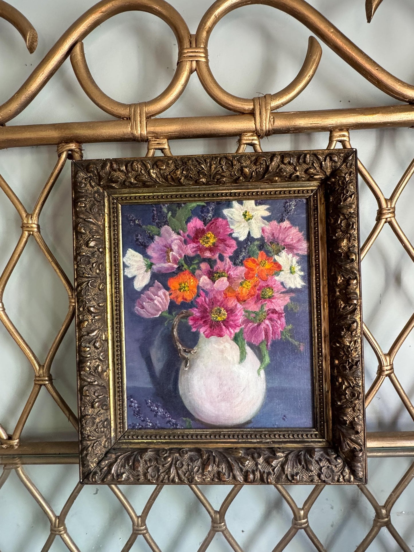 Original Floral Bouqeut Still Life Oil Painting Framed, Vintage Floral Wall Art Wildflower Oil Painting, Ornate Gold Carved Flower Frame
