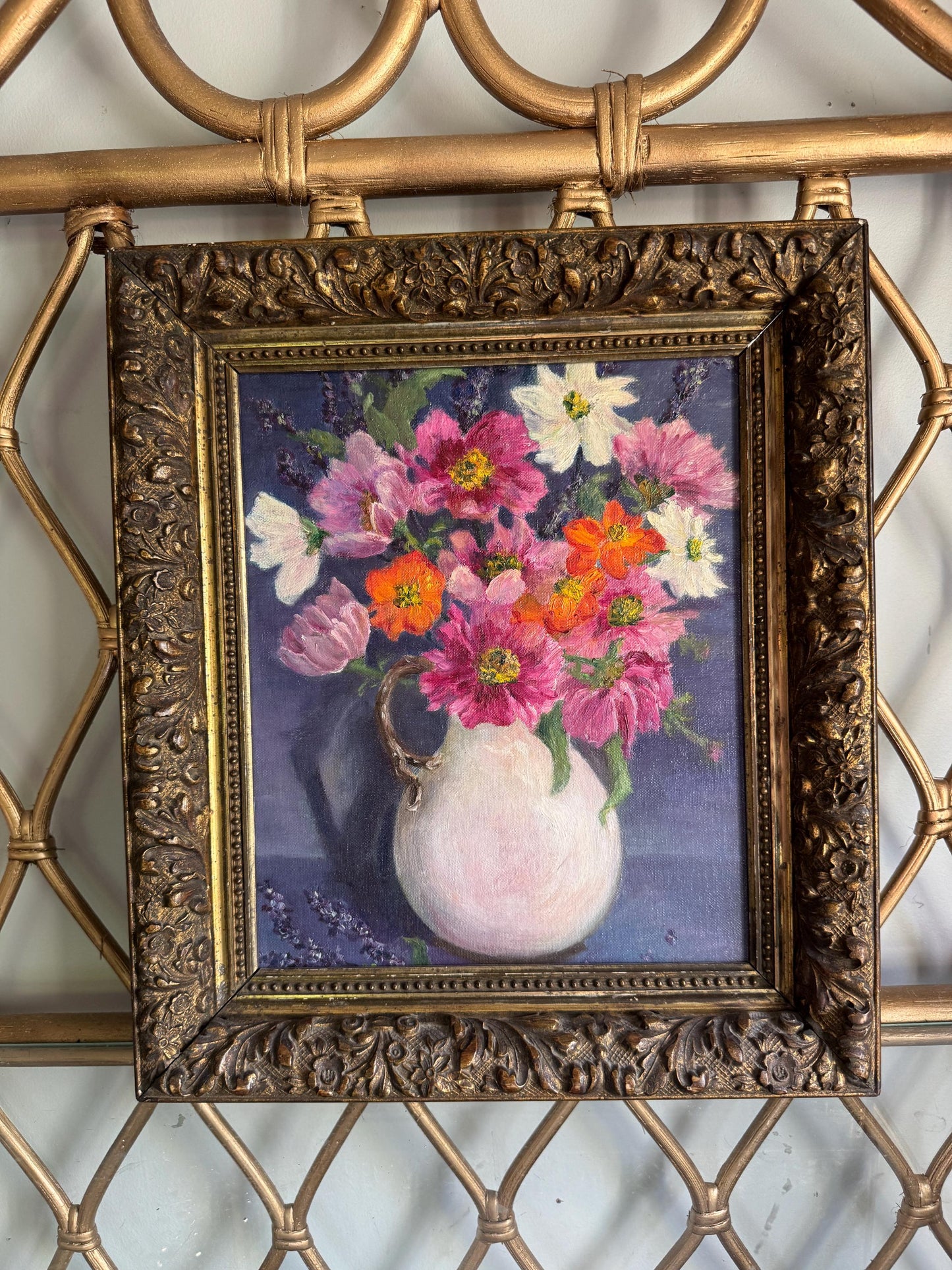 Original Floral Bouqeut Still Life Oil Painting Framed, Vintage Floral Wall Art Wildflower Oil Painting, Ornate Gold Carved Flower Frame