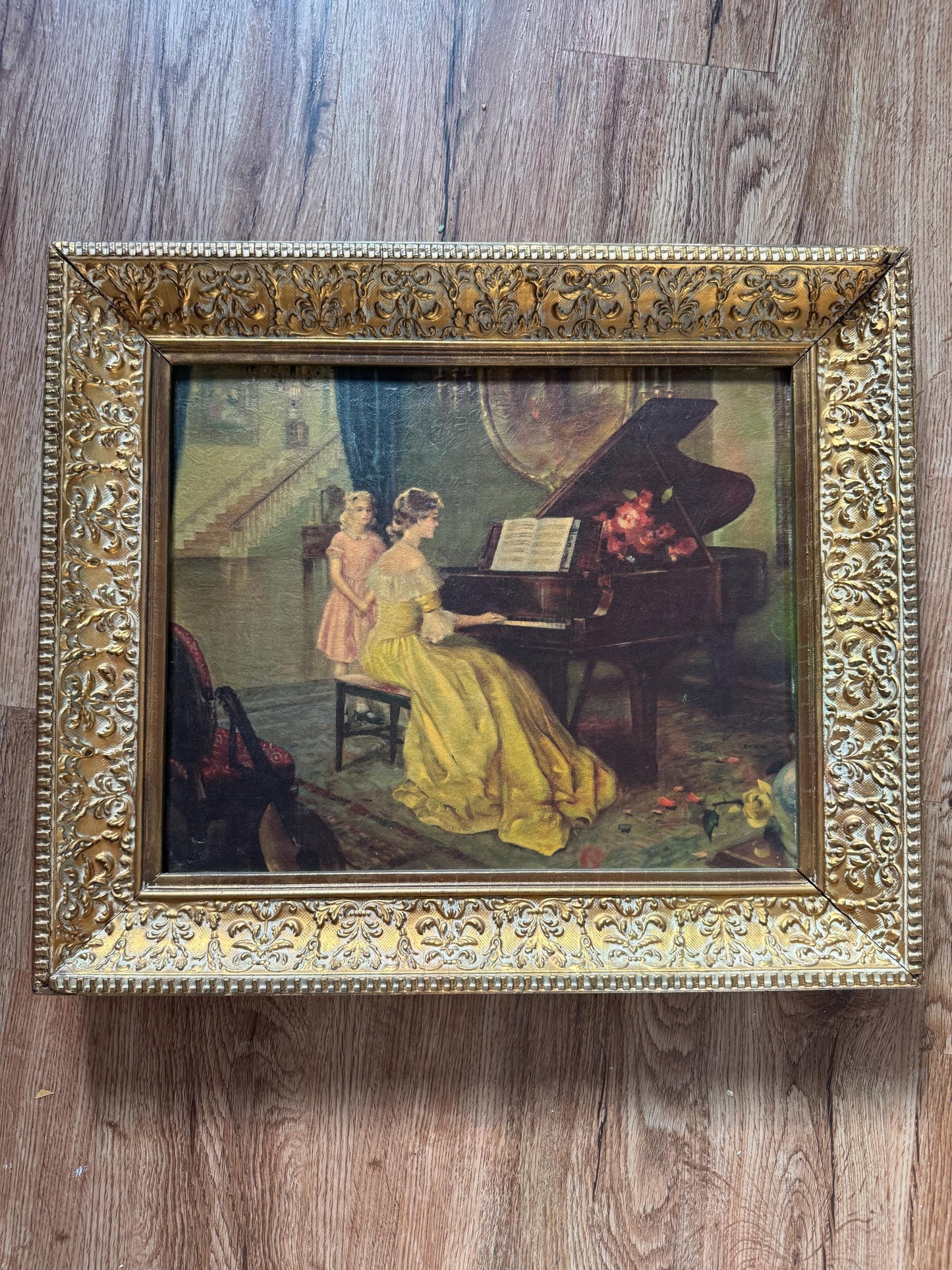 Framed Vintage Antoni M. Ditlef Lithograph Print The Enchantment Signed, Mid century Artists Beautiful Ornate Original Floral Gold Frame.