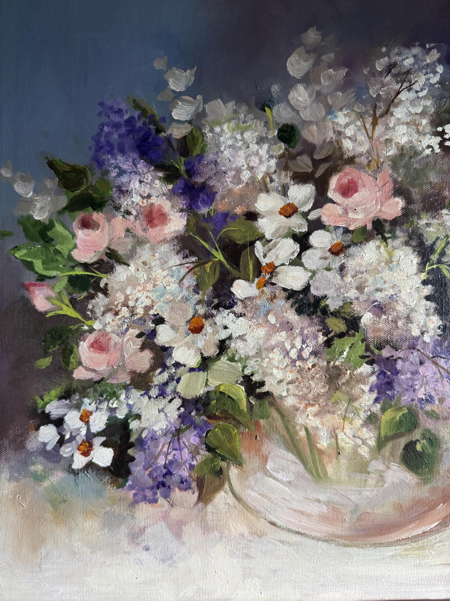 Original Vintage Lilac Floral Bouquet Still life Oil Painting French Impressionist Pastel Flower Oil Painting Framed Signed by artist Kemper