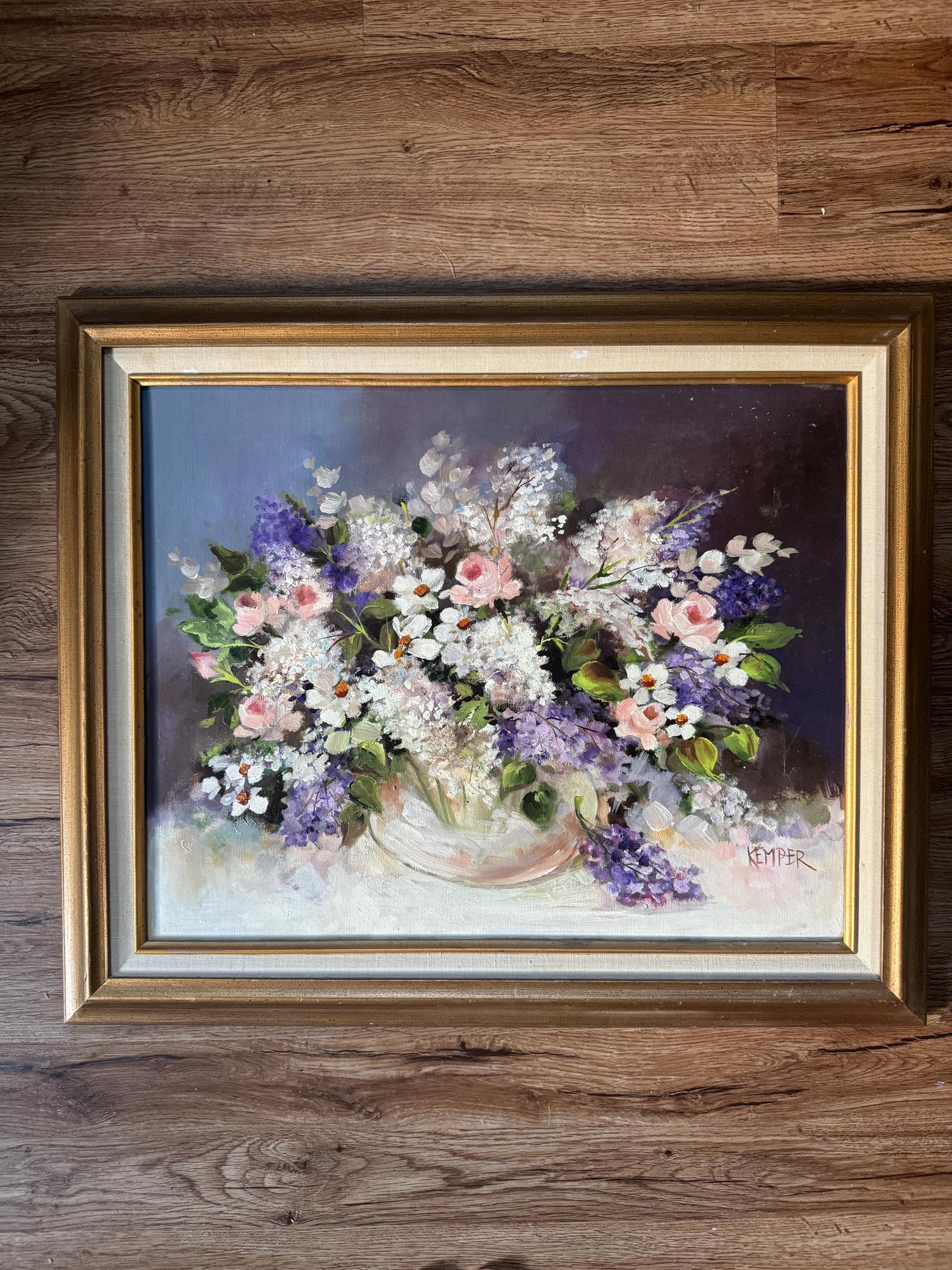 Original Vintage Lilac Floral Bouquet Still life Oil Painting French Impressionist Pastel Flower Oil Painting Framed Signed by artist Kemper