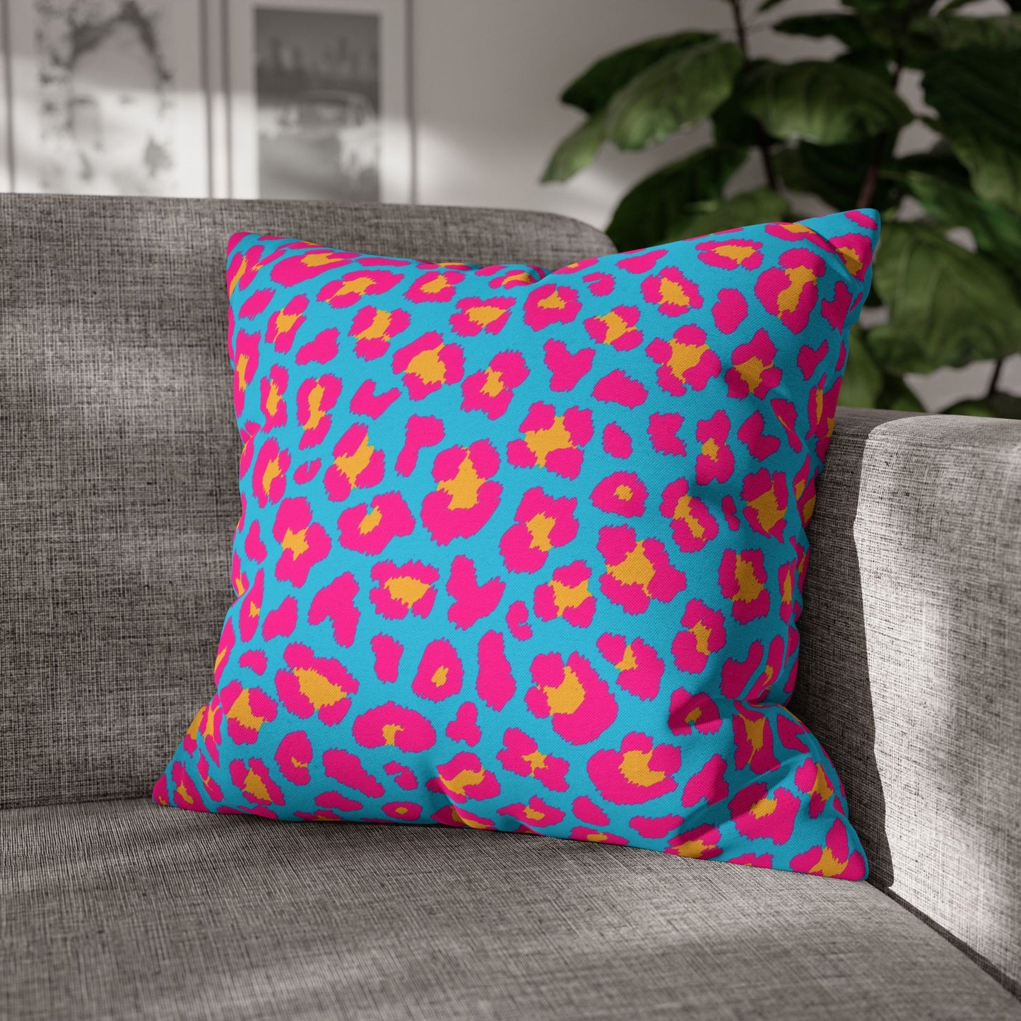 Blue & Hot Pink Leopard Print Pillow Cover