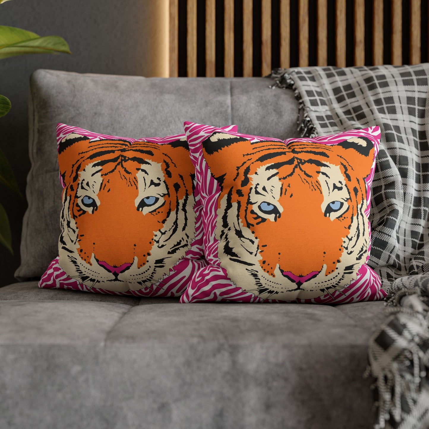 Tiger & Hot Pink Tiger Stripes Throw Pillow Cover