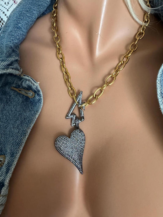 Rhinestone Heart Lightning Bolt Necklace, Gold Chunky Chain Statement Jewelry, Rock Chic Layered Necklace, Edgy Rhinestone Heart Necklace