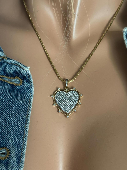 Rhinestone Heart Pendant Necklace, Gold Heart Chain Necklace, Sparkly Layering Necklace, Valentine Gift for Her, Romantic Jewelry